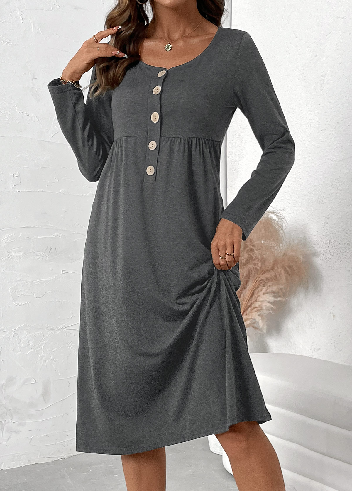 Dark Grey Marl Button Long Sleeve Scoop Neck Dress | picture 