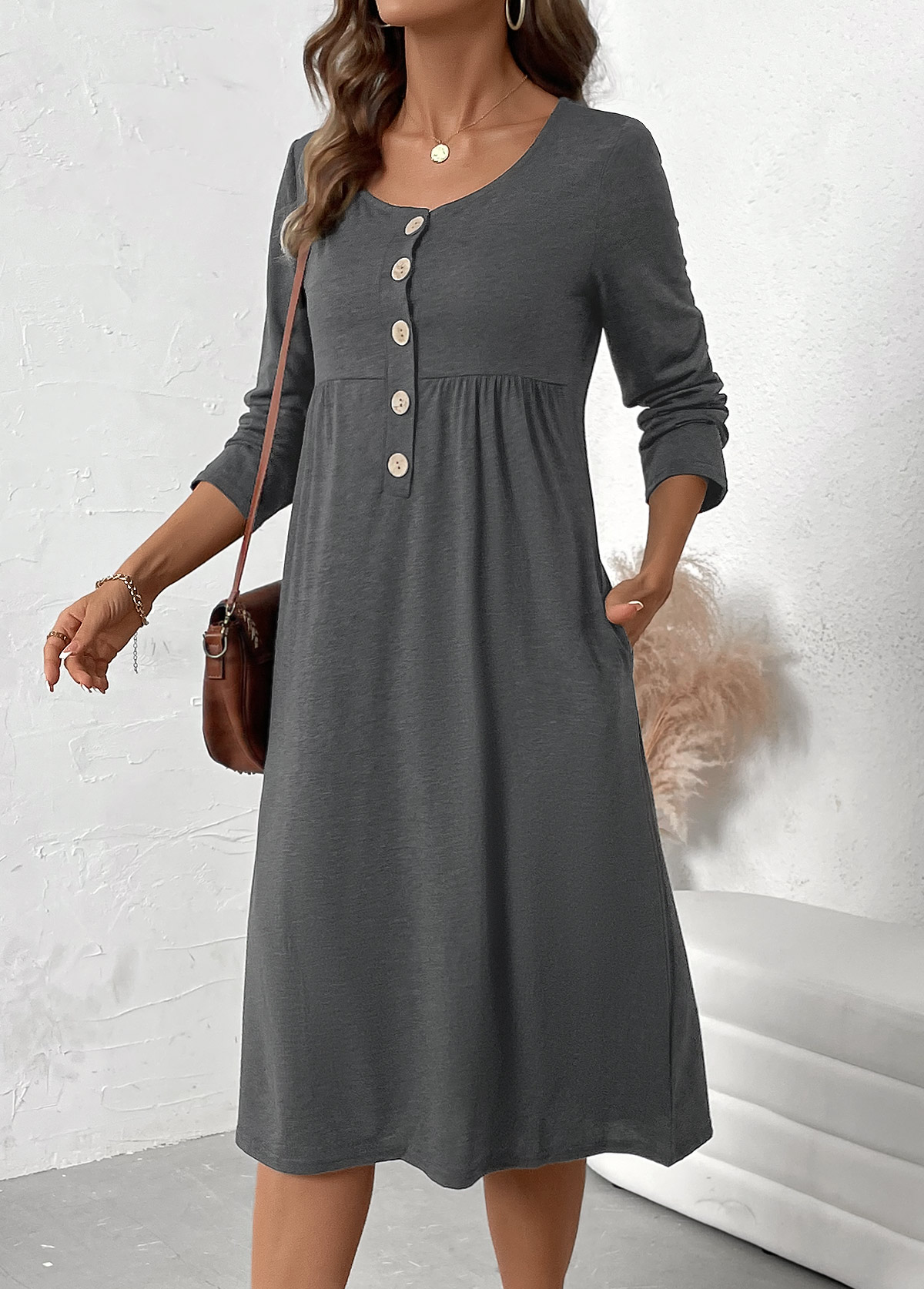 Dark Grey Marl Button Long Sleeve Scoop Neck Dress | picture 