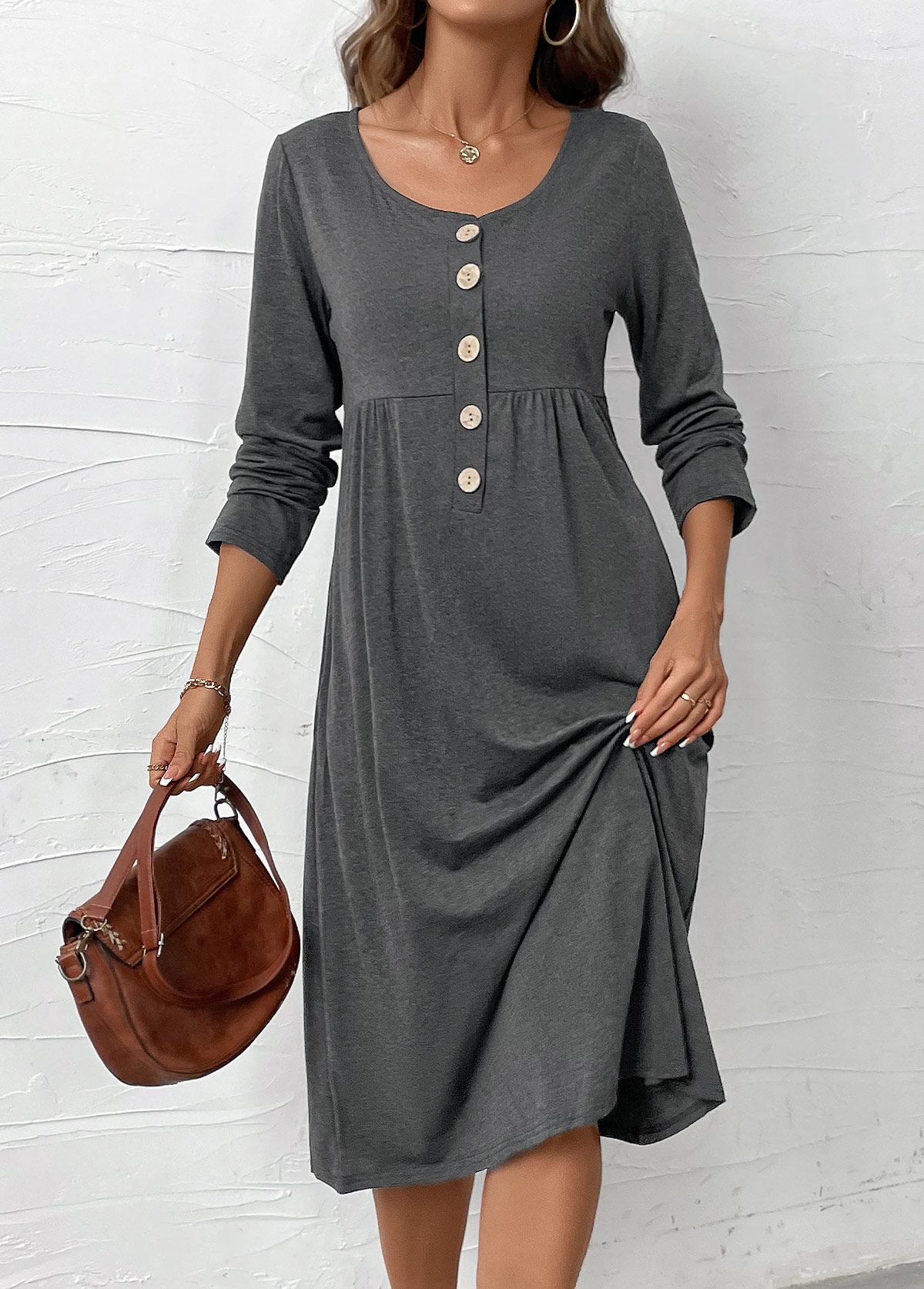 Dark Grey Marl Button Long Sleeve Scoop Neck Dress | picture 