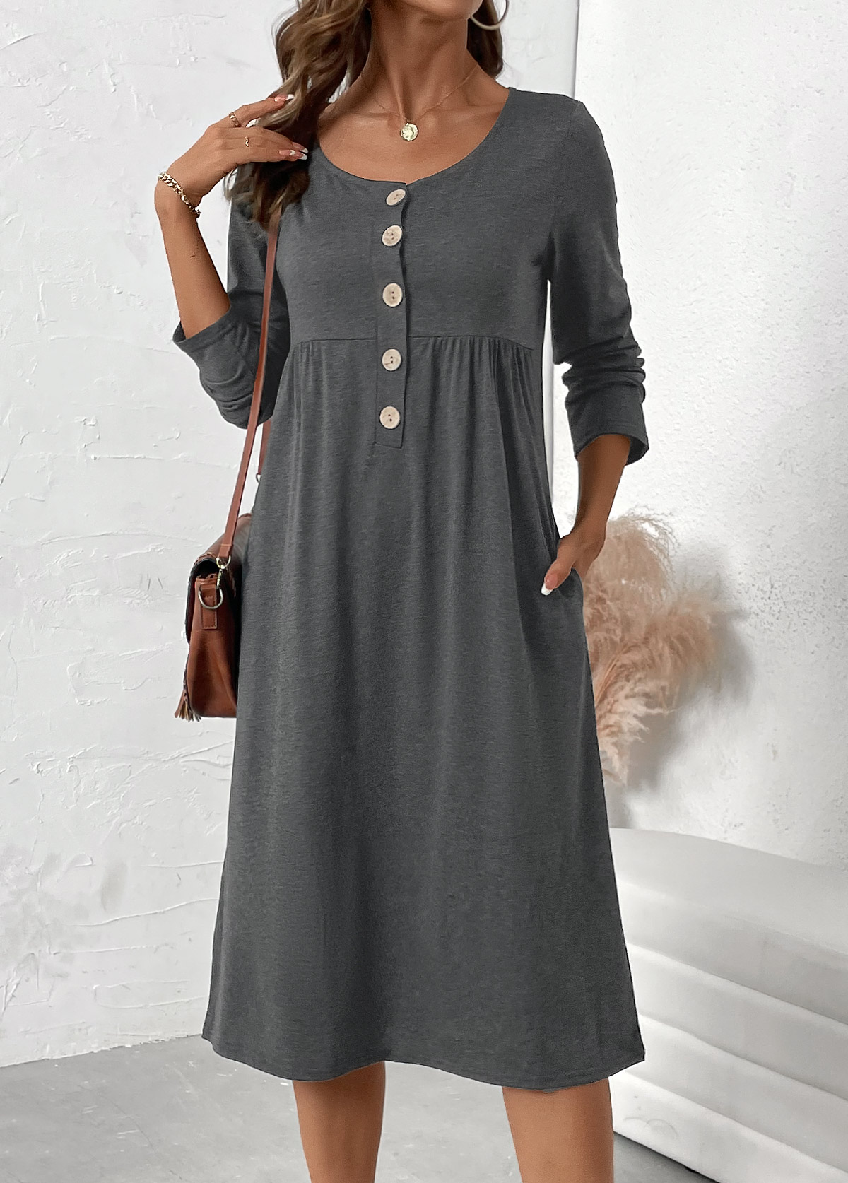 Dark Grey Marl Button Long Sleeve Scoop Neck Dress | picture 