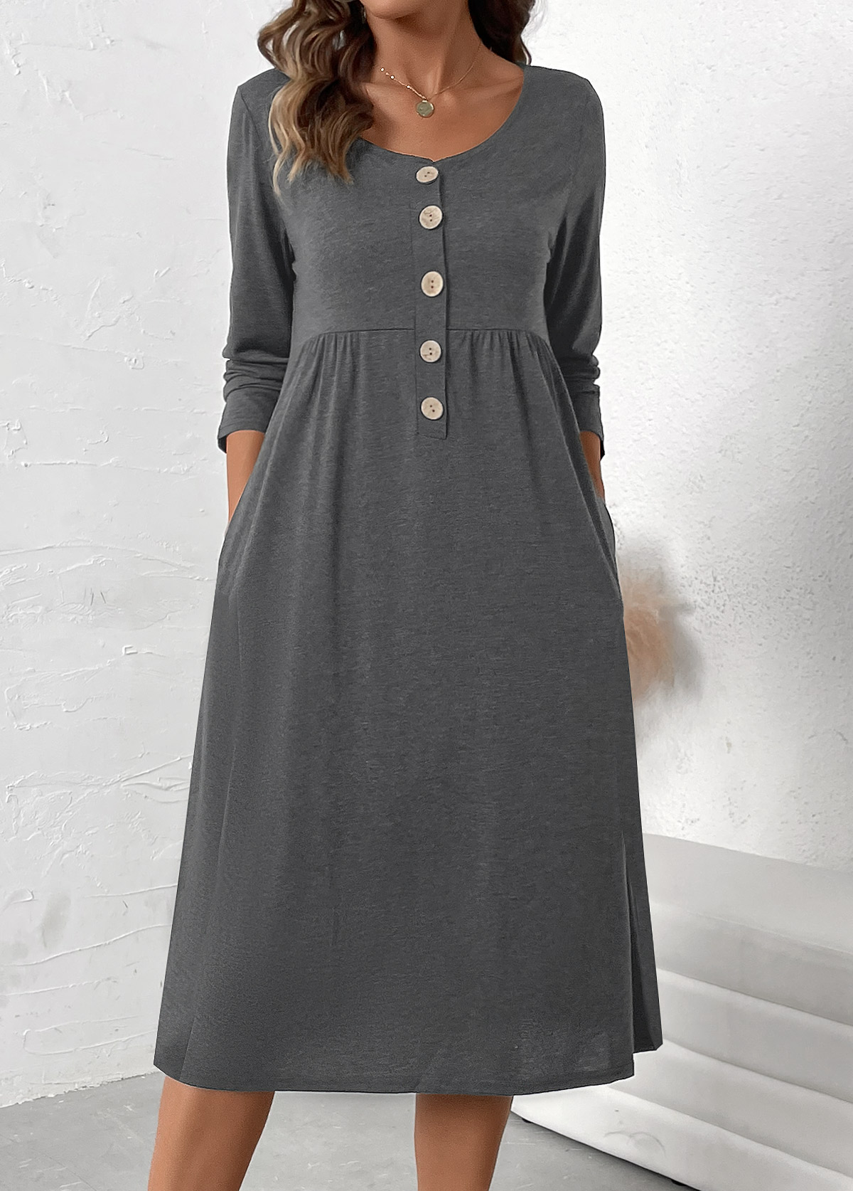 Dark Grey Marl Button Long Sleeve Scoop Neck Dress | picture 