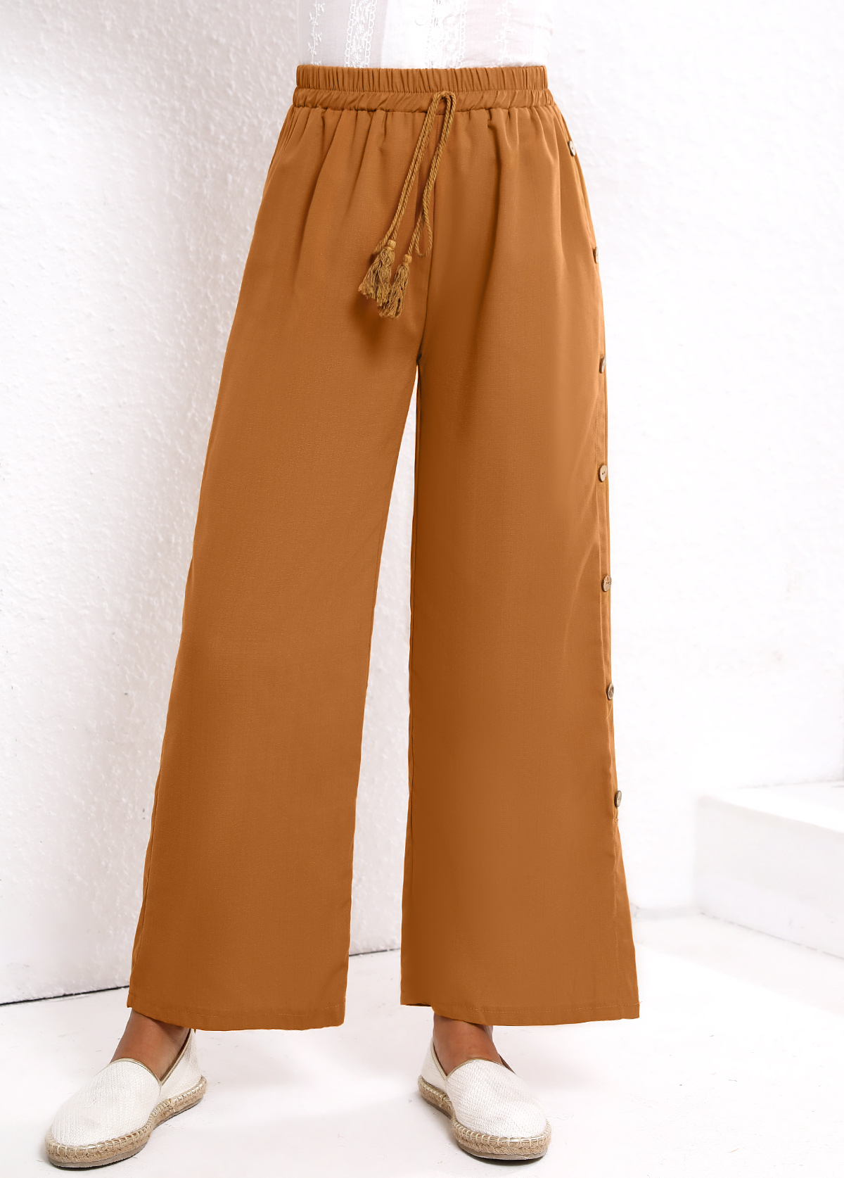Dark Camel Button Elastic Waist High Waisted Pants | picture 