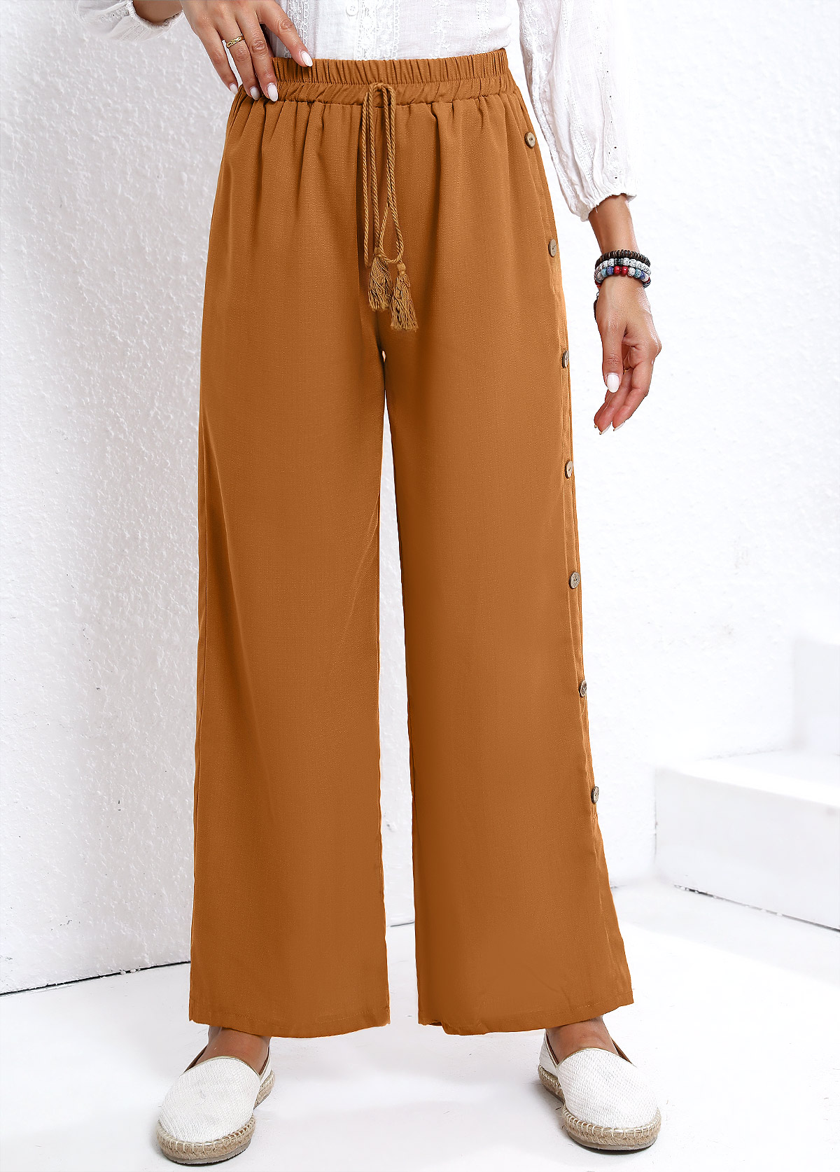 Dark Camel Button Elastic Waist High Waisted Pants | picture 