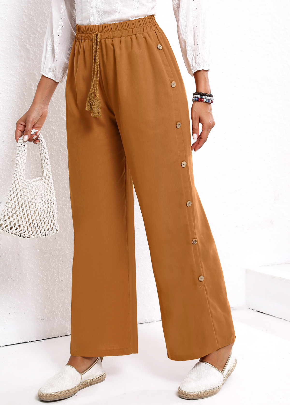 Dark Camel Button Elastic Waist High Waisted Pants | picture 