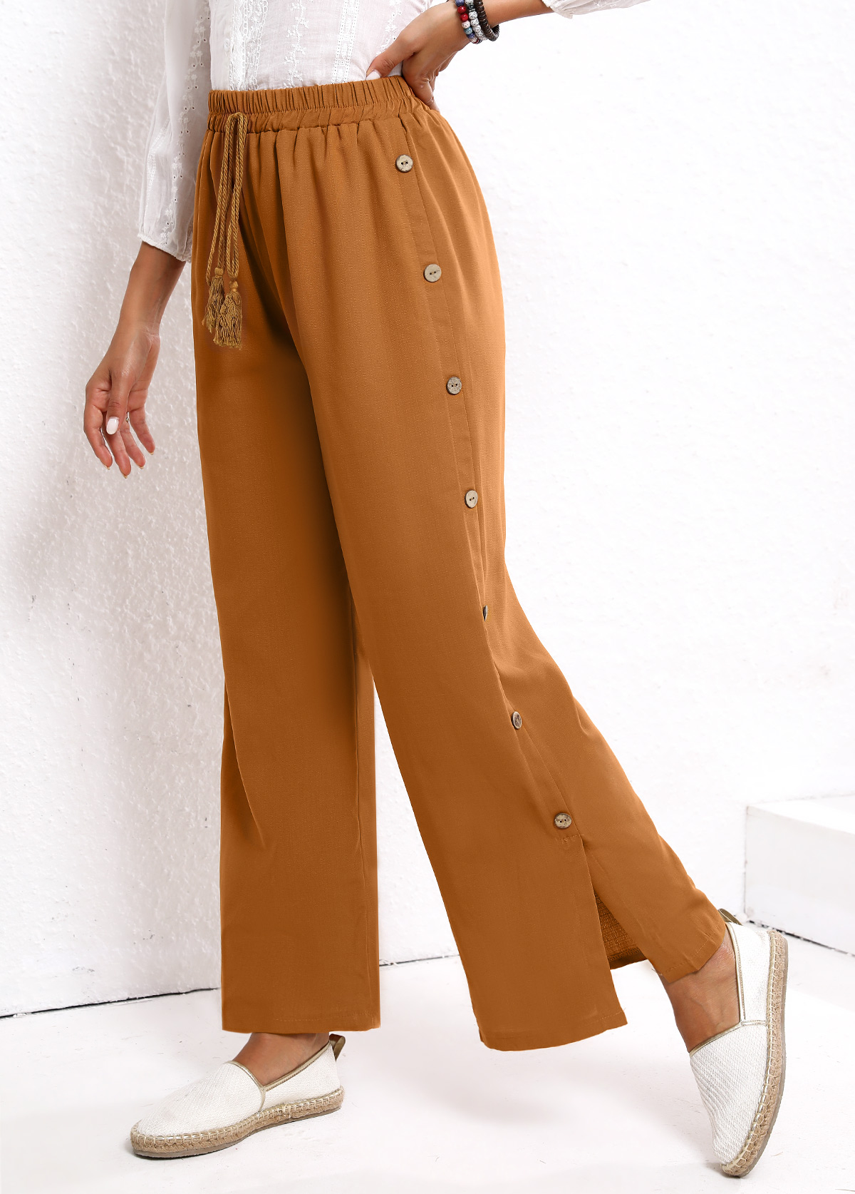 Dark Camel Button Elastic Waist High Waisted Pants | picture 