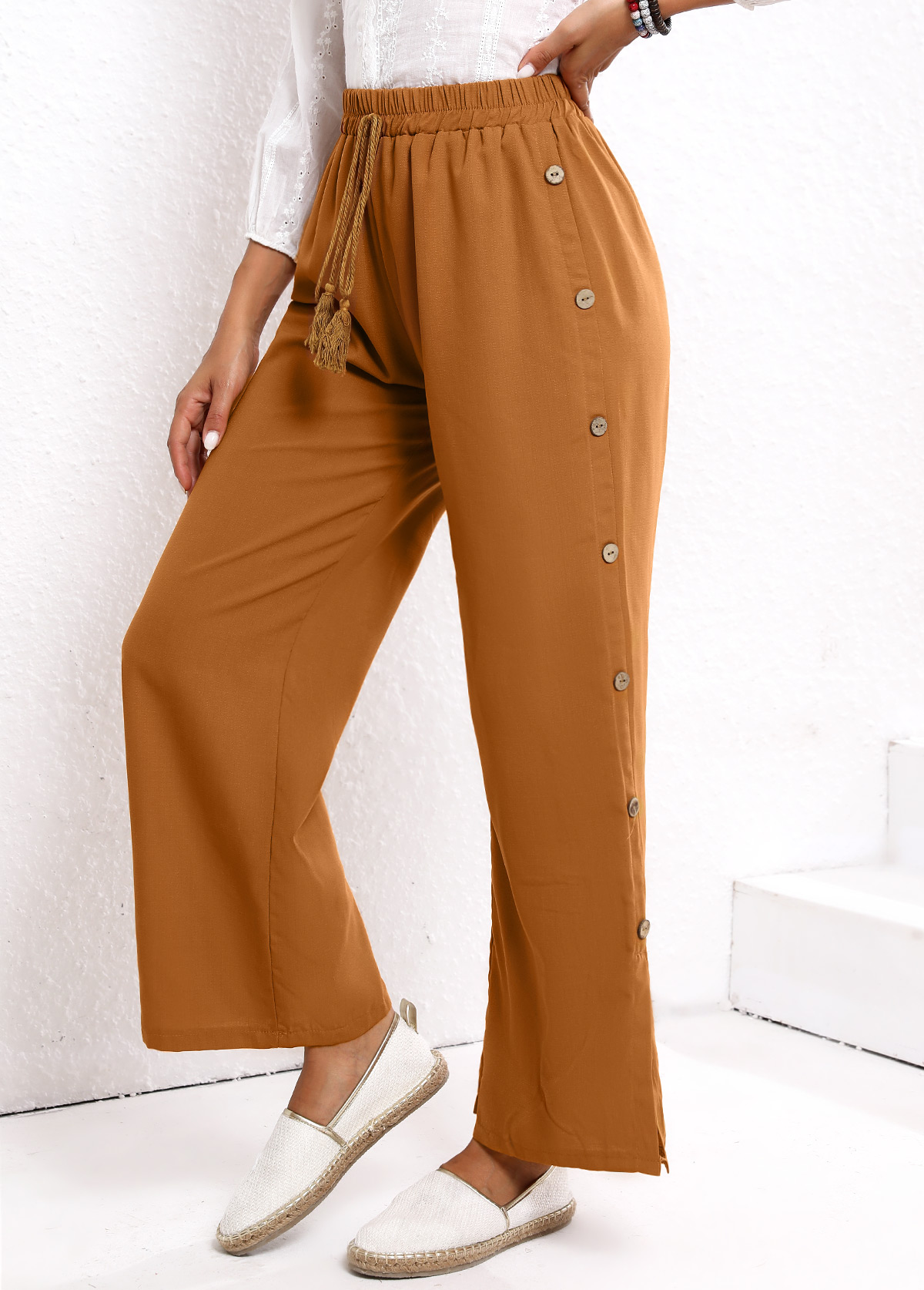 Dark Camel Button Elastic Waist High Waisted Pants | picture 