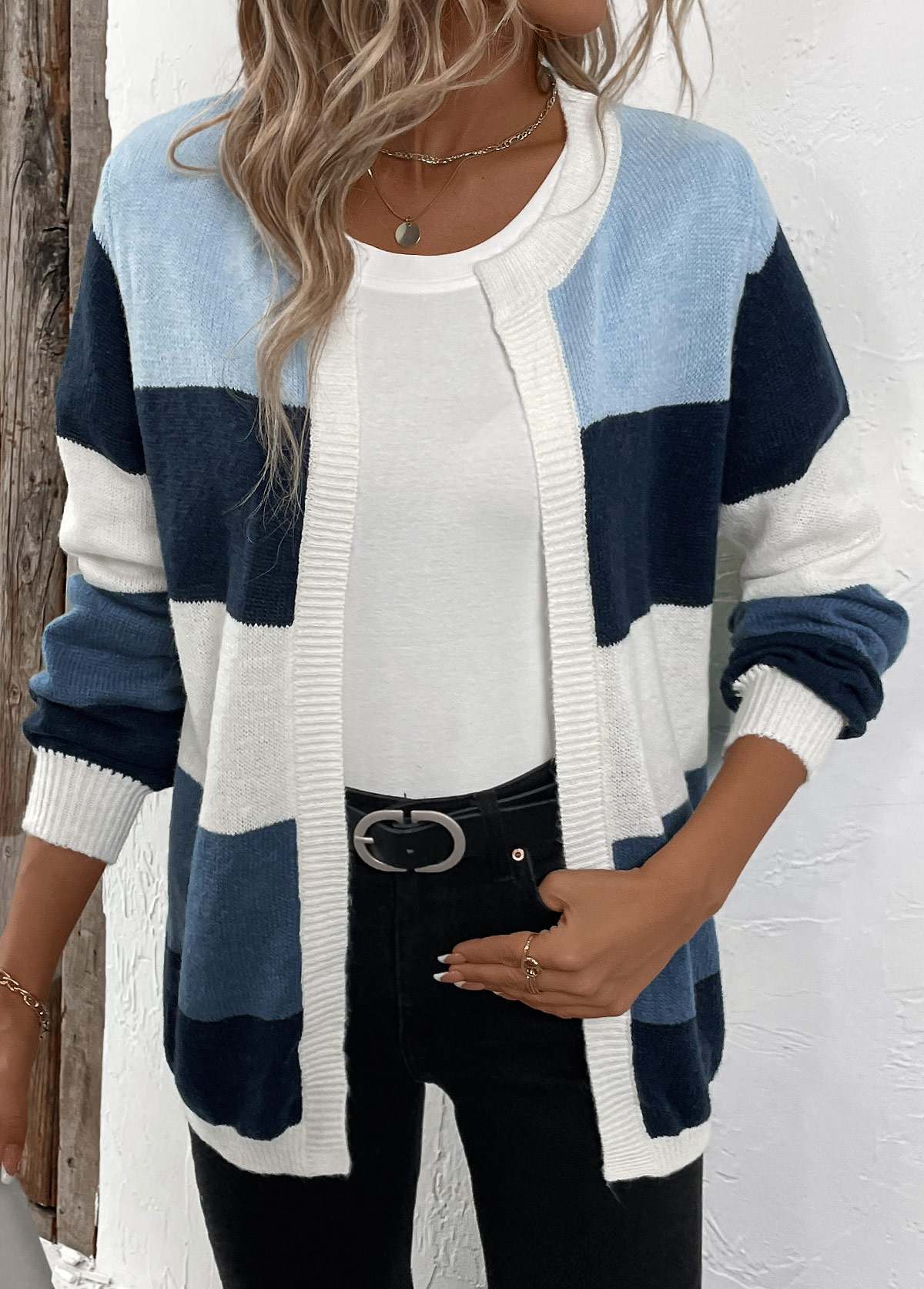 Blue Patchwork Design Long Sleeve Cardigan | picture 