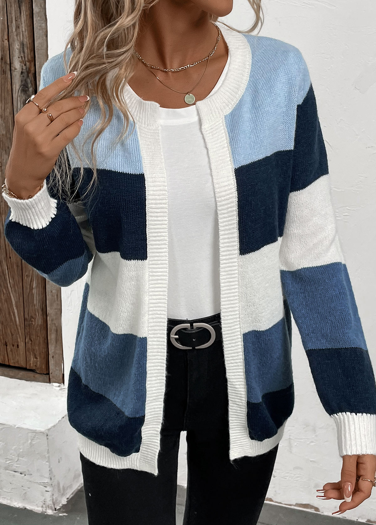 Blue Patchwork Design Long Sleeve Cardigan | picture 