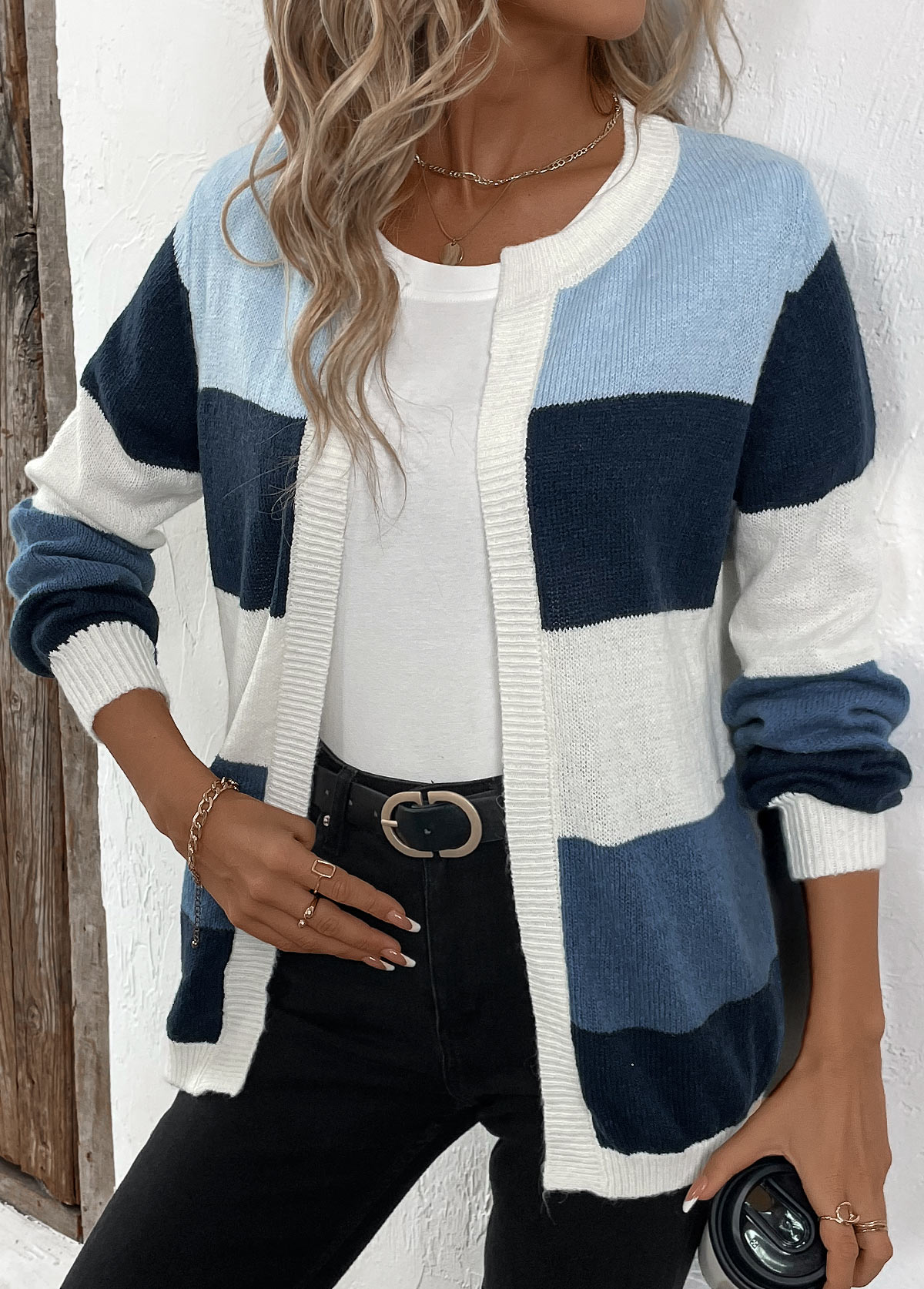 Blue Patchwork Design Long Sleeve Cardigan | picture 