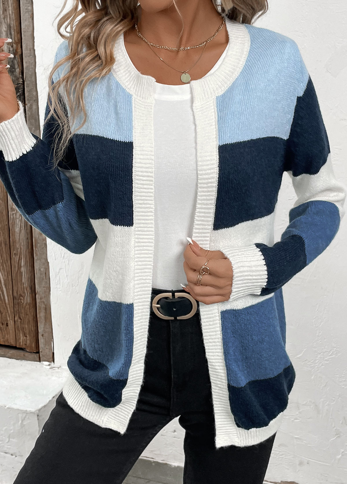 Blue Patchwork Design Long Sleeve Cardigan | picture 
