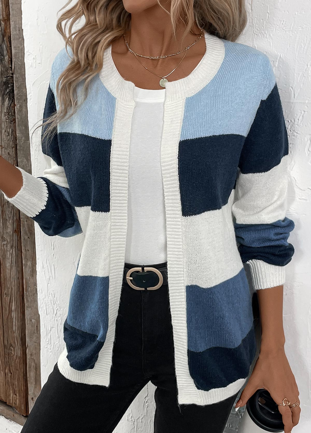 Blue Patchwork Design Long Sleeve Cardigan | picture 