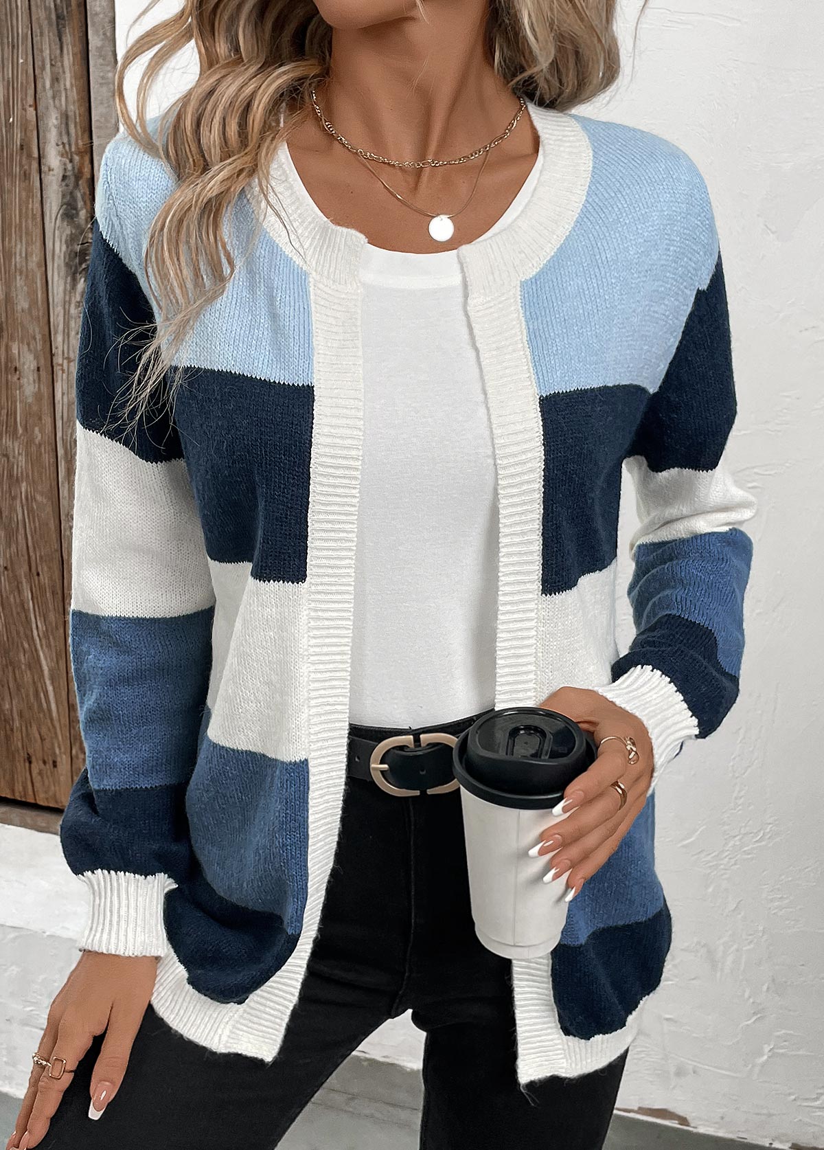 Blue Patchwork Design Long Sleeve Cardigan | picture 