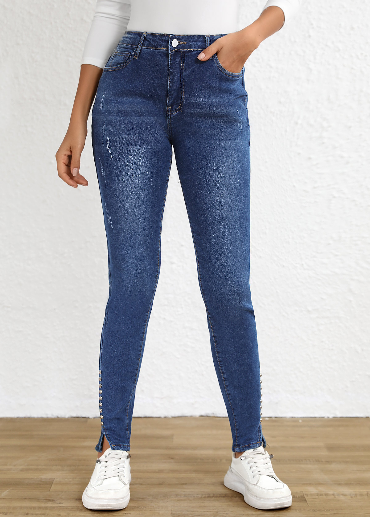 Dark Blue Split Skinny Button Fly High Waisted Jeans | picture 