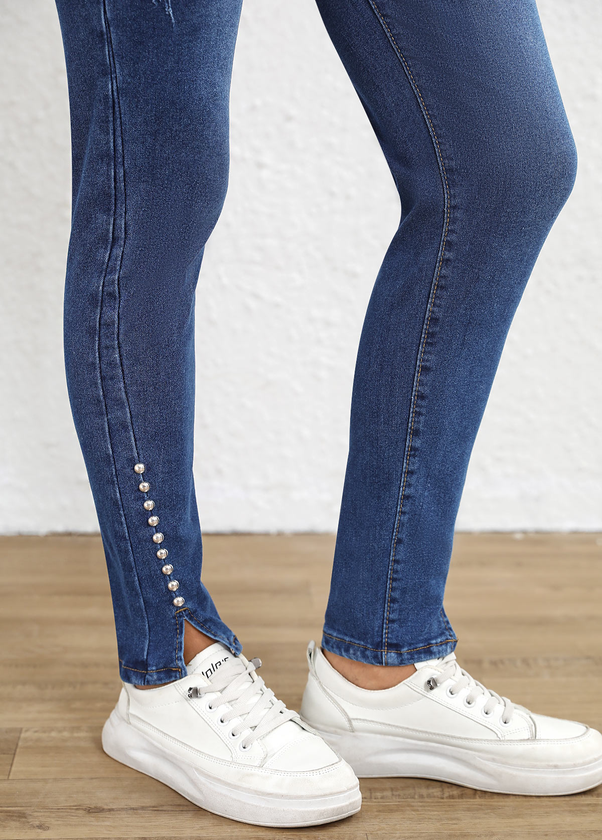 Dark Blue Split Skinny Button Fly High Waisted Jeans | picture 