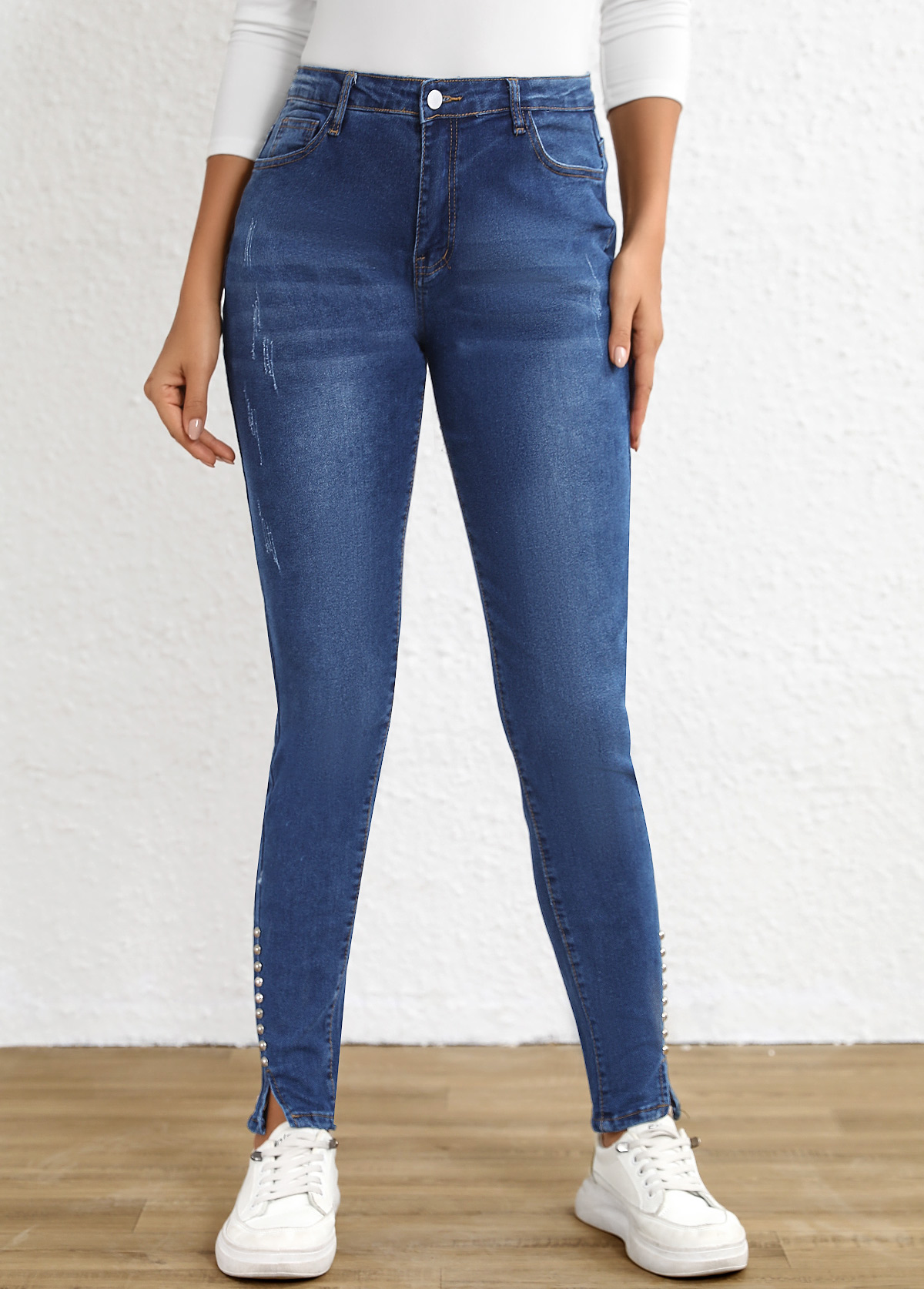 Dark Blue Split Skinny Button Fly High Waisted Jeans | picture 