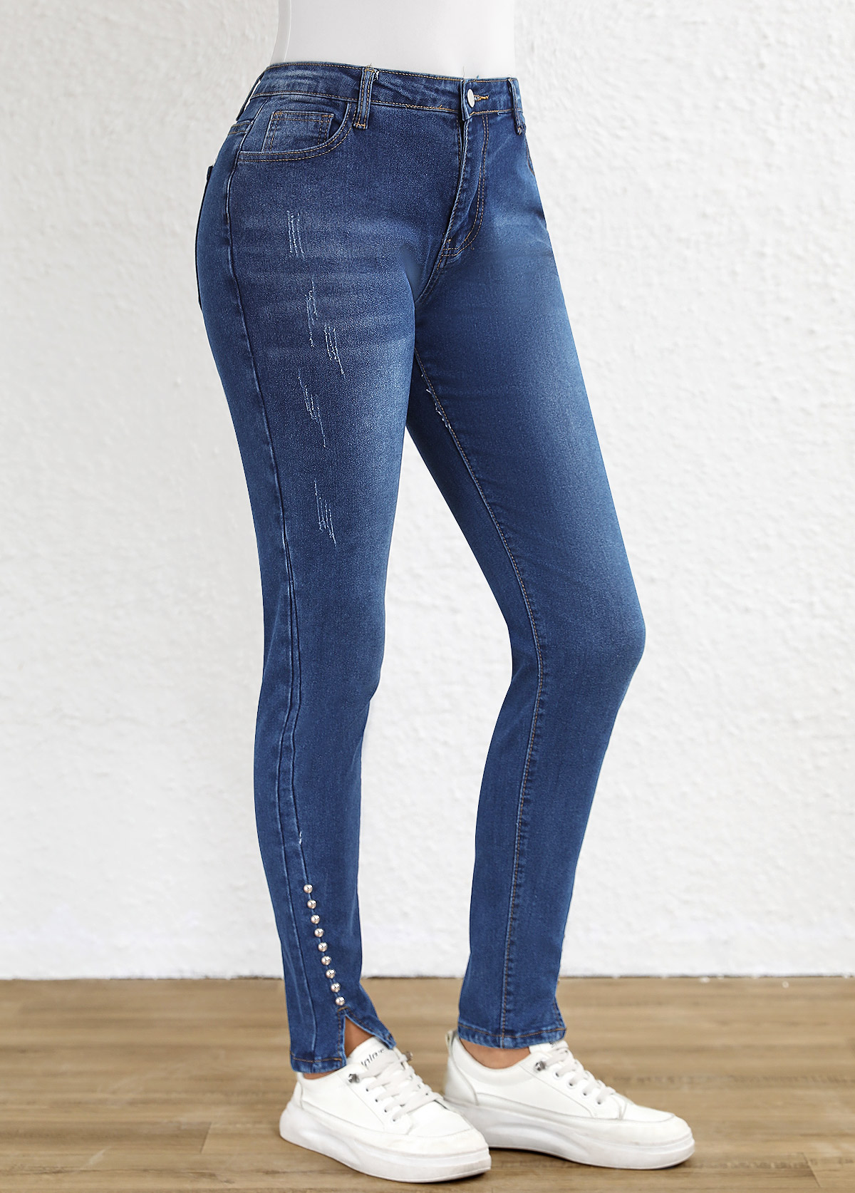Dark Blue Split Skinny Button Fly High Waisted Jeans | picture 
