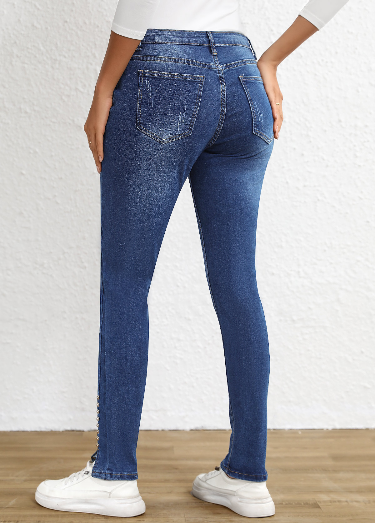 Dark Blue Split Skinny Button Fly High Waisted Jeans | picture 