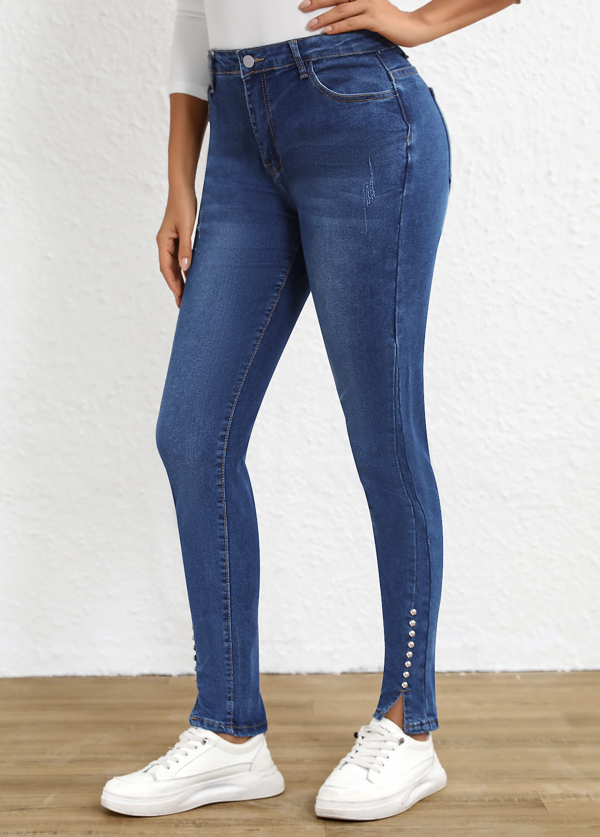 Dark Blue Split Skinny Button Fly High Waisted Jeans | picture 