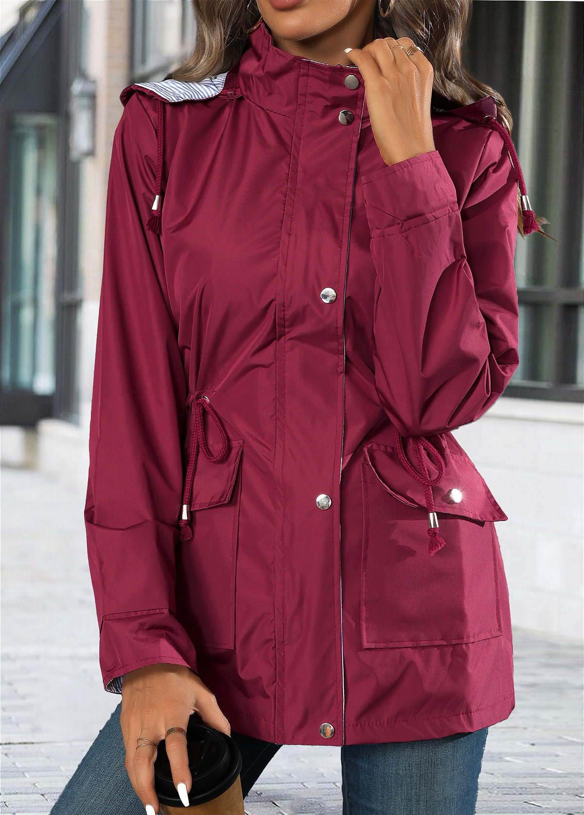 Wine Red Lace Up Long Sleeve Hooded Trench Coat | picture 