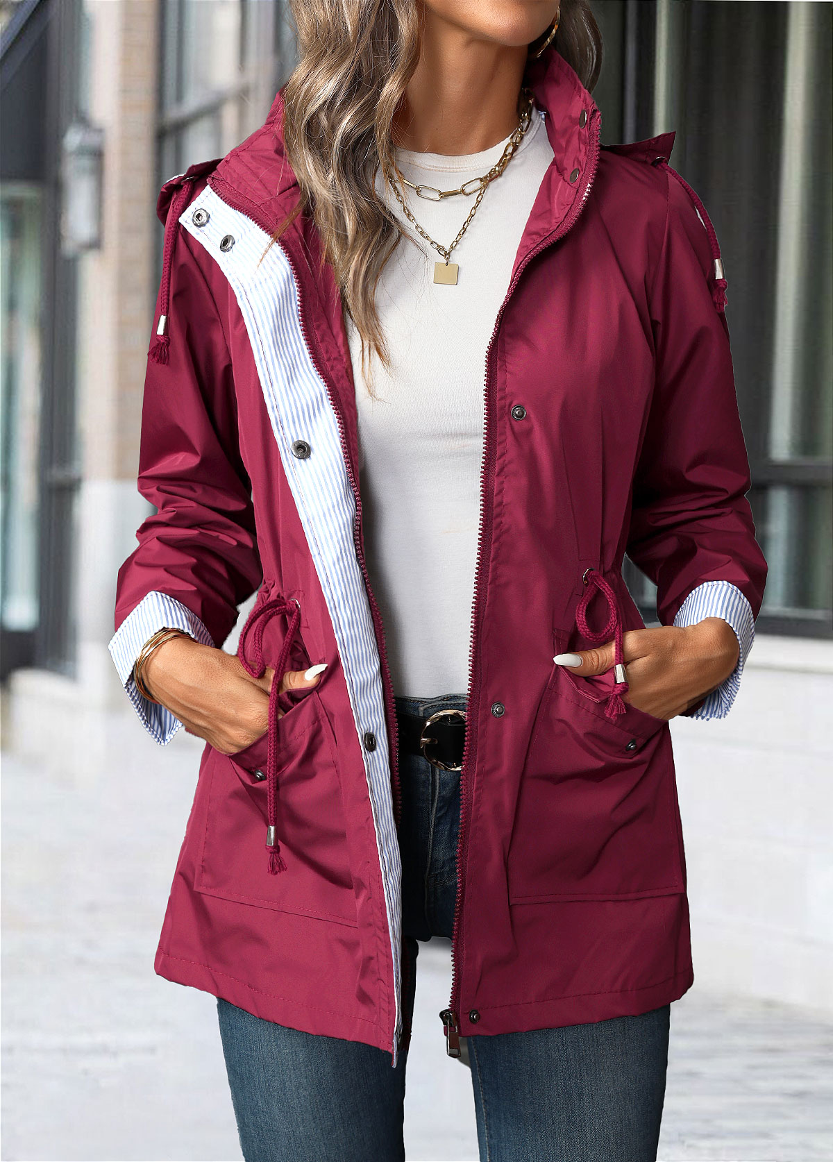 Wine Red Lace Up Long Sleeve Hooded Trench Coat | picture 