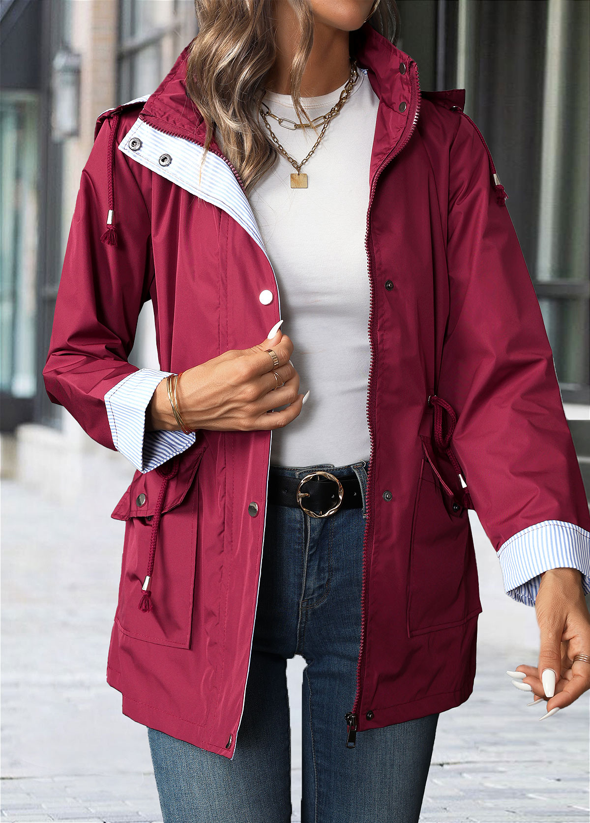 Wine Red Lace Up Long Sleeve Hooded Trench Coat | picture 