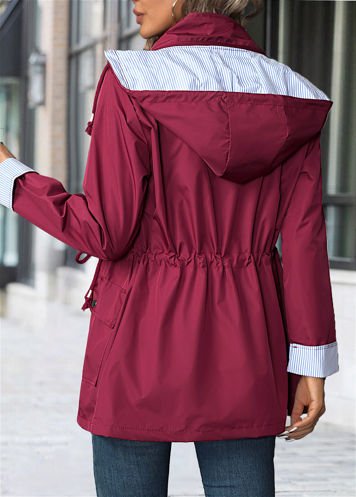 Wine Red Lace Up Long Sleeve Hooded Trench Coat | picture 