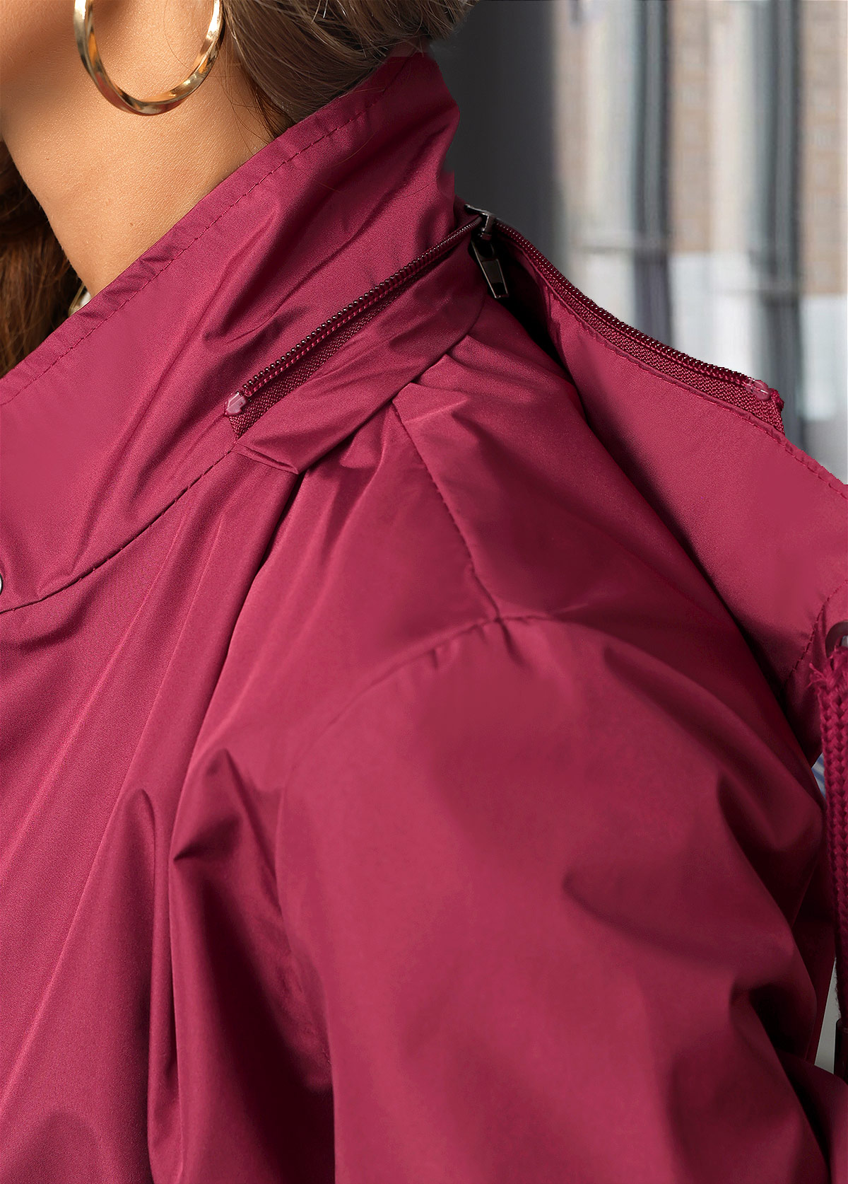 Wine Red Lace Up Long Sleeve Hooded Trench Coat | picture 