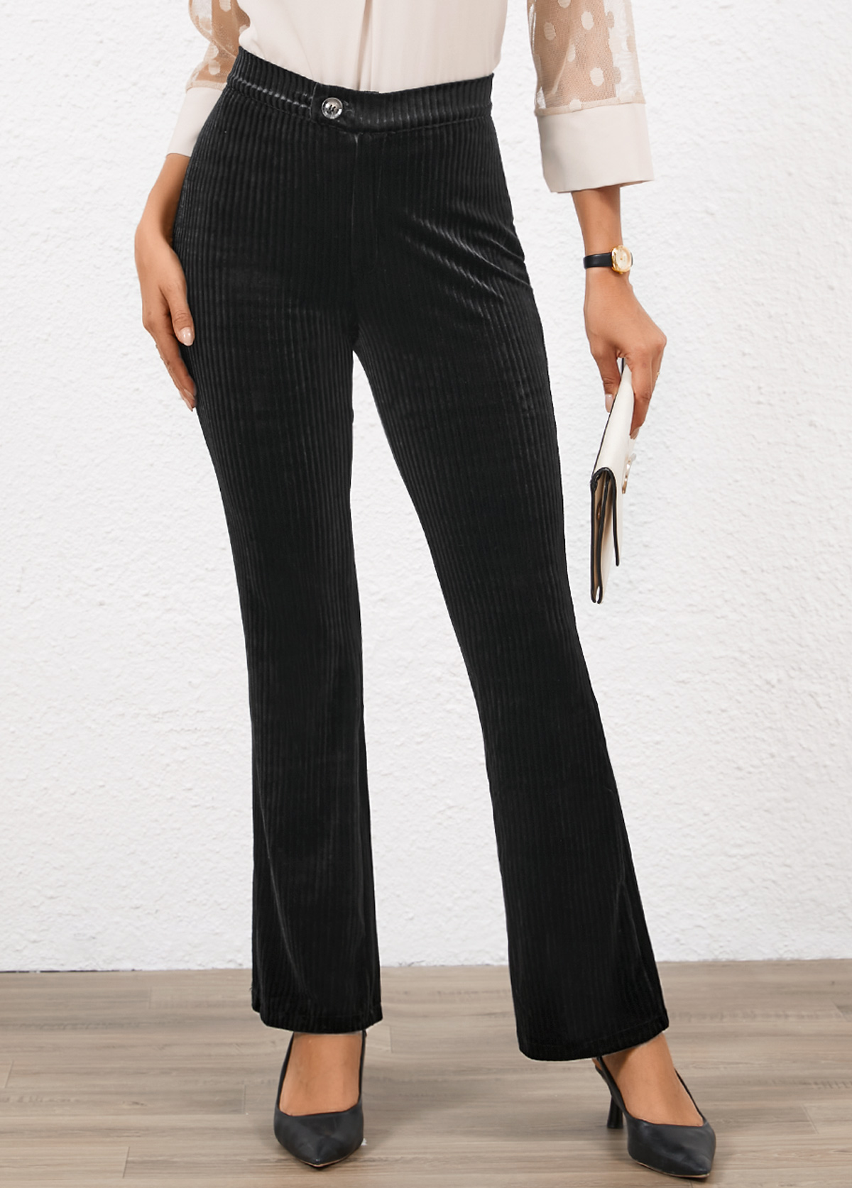 Black Button Flare Leg High Waisted Pants | picture 