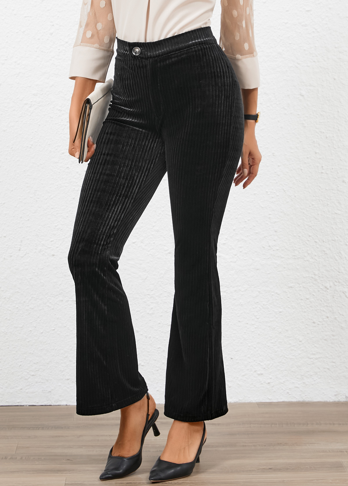 Black Button Flare Leg High Waisted Pants | picture 