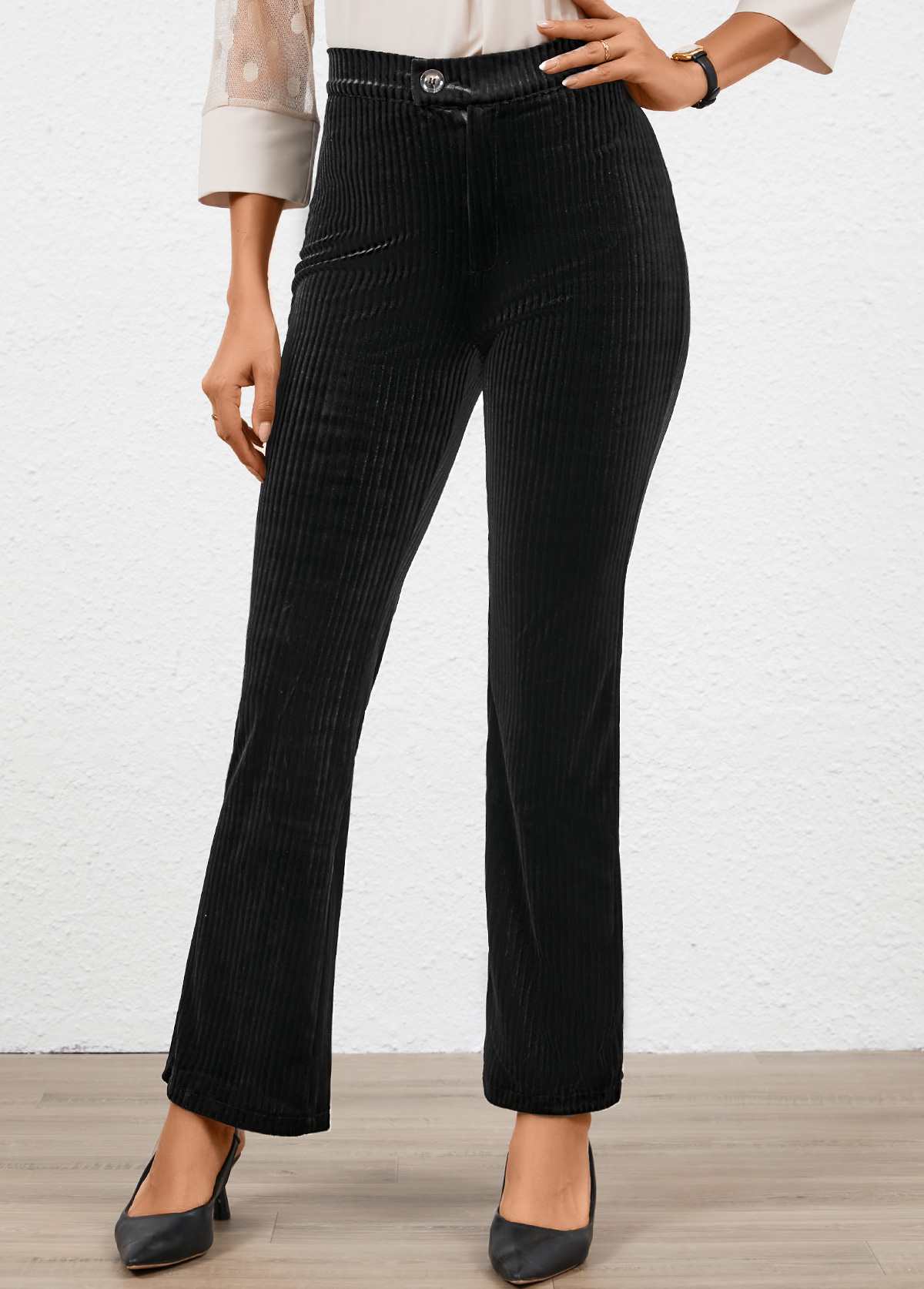 Black Button Flare Leg High Waisted Pants | picture 