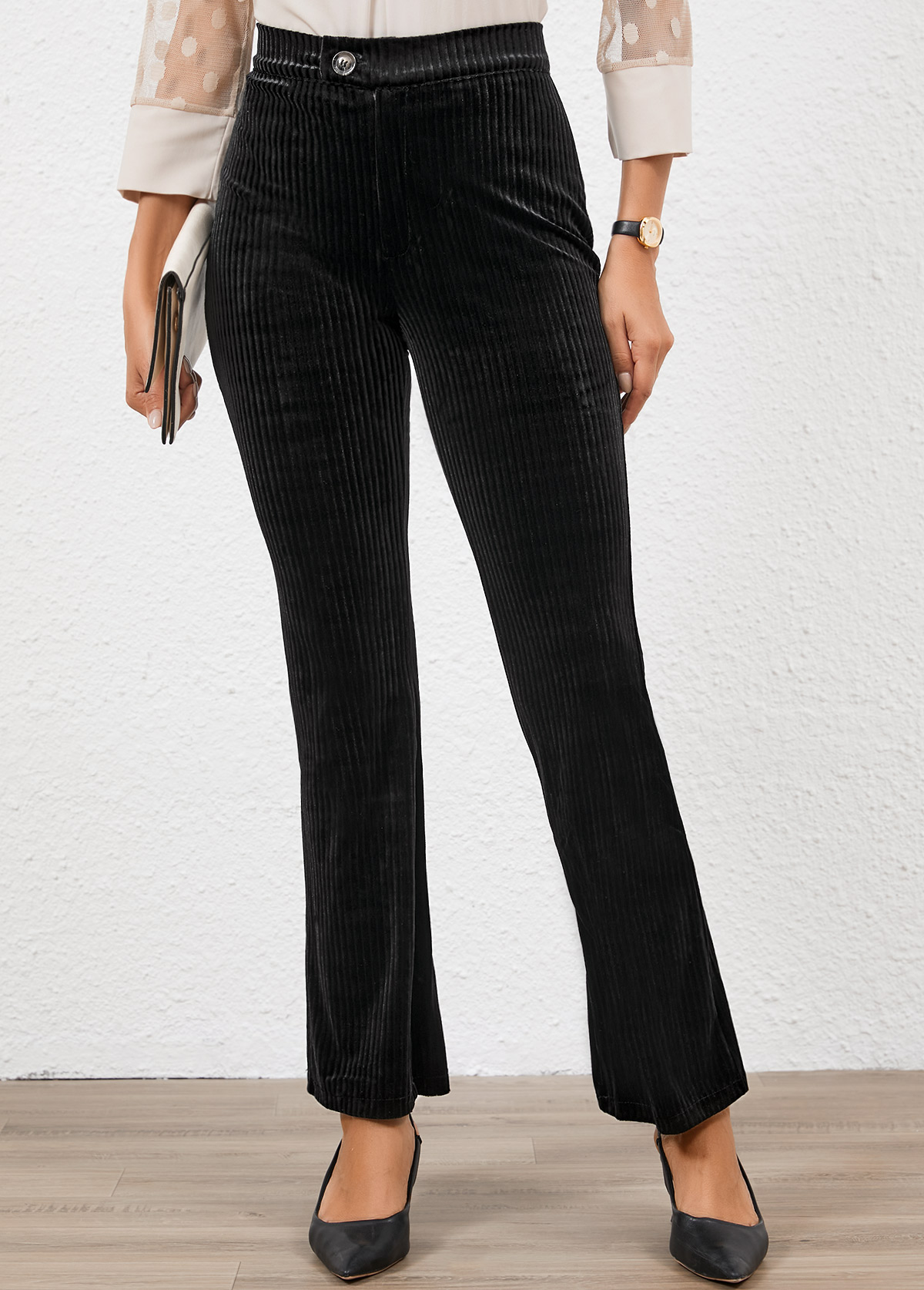 Black Button Flare Leg High Waisted Pants | picture 