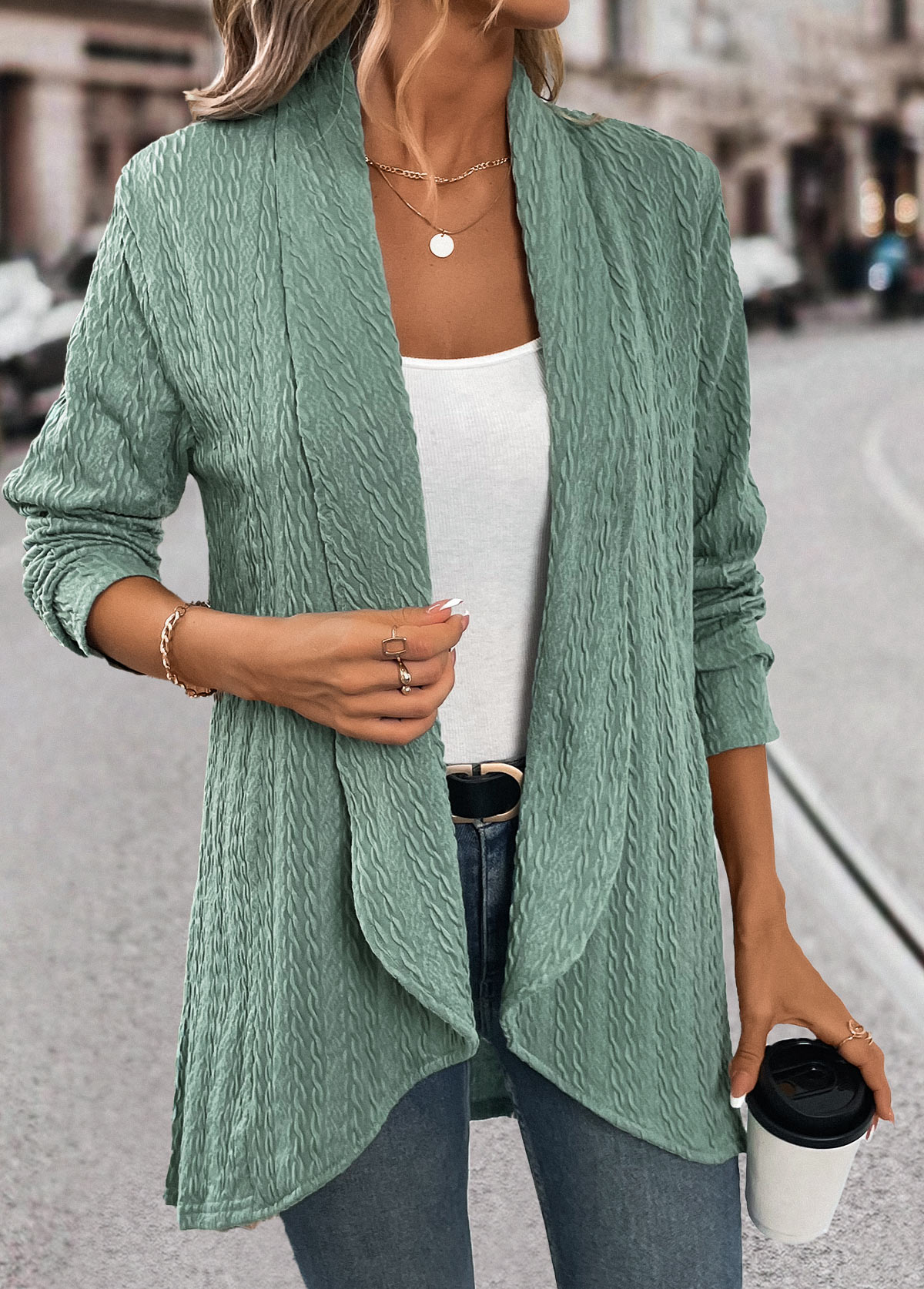 Green Jacquard Long Sleeve Light Cardigan | picture 