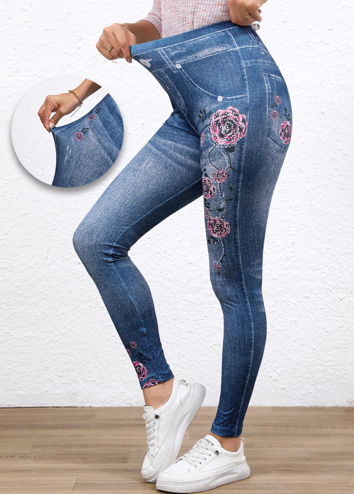 Denim Blue Denim-effect Print High Waisted Ankle Length Leggings | picture 