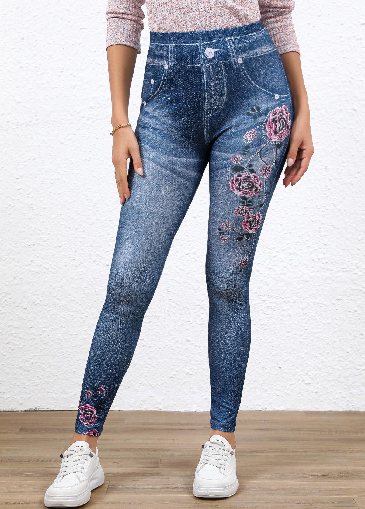Denim Blue Denim-effect Print High Waisted Ankle Length Leggings | picture 