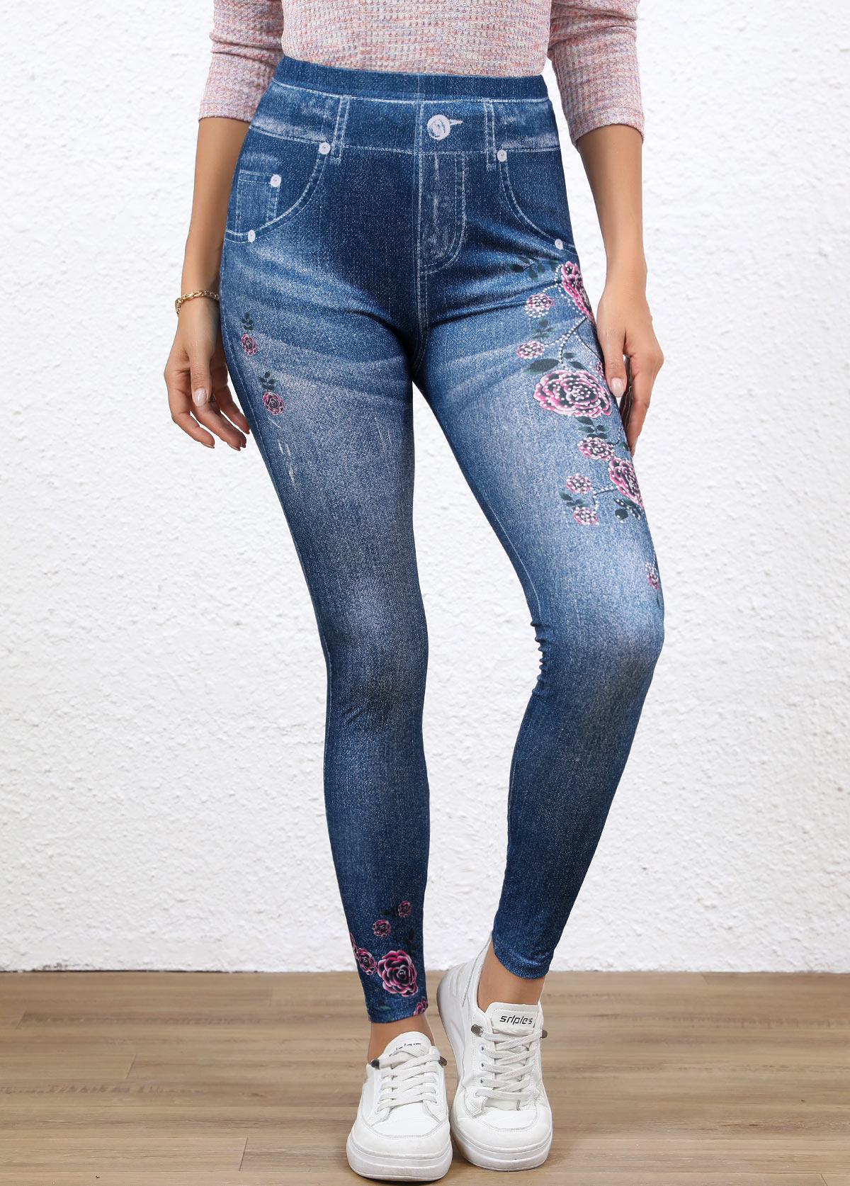 Denim Blue Denim-effect Print High Waisted Ankle Length Leggings | picture 