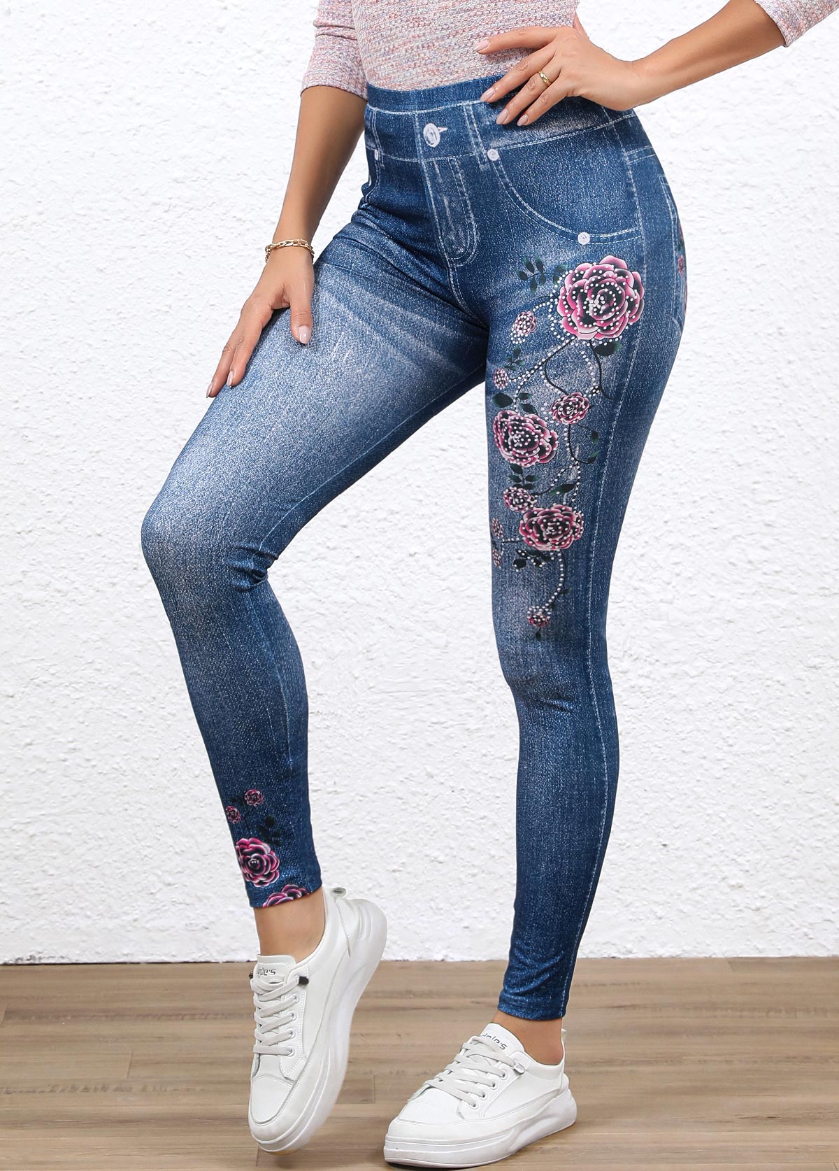Denim Blue Denim-effect Print High Waisted Ankle Length Leggings | picture 