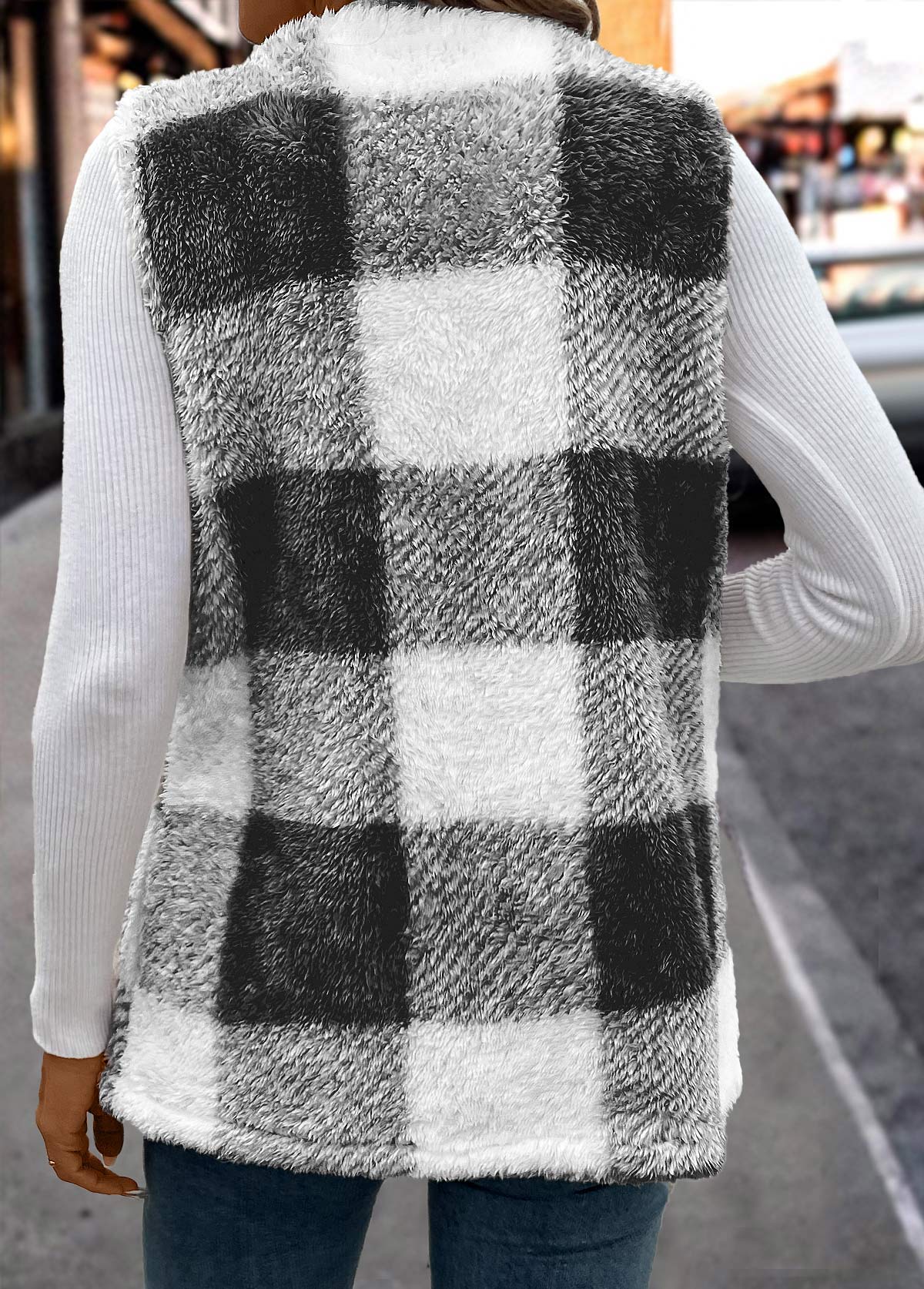 Black Faux Fur Plaid Sleeveless Round Neck Waistcoat | picture 