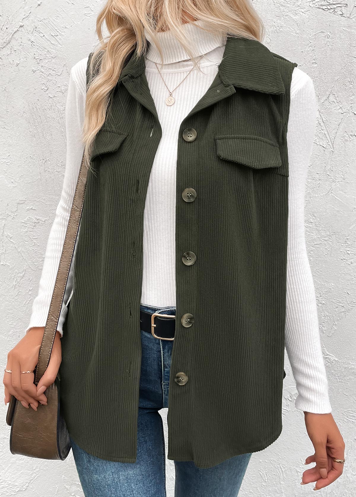 Plus Size Olive Green Patchwork Sleeveless Corduroy Waistcoat | picture 