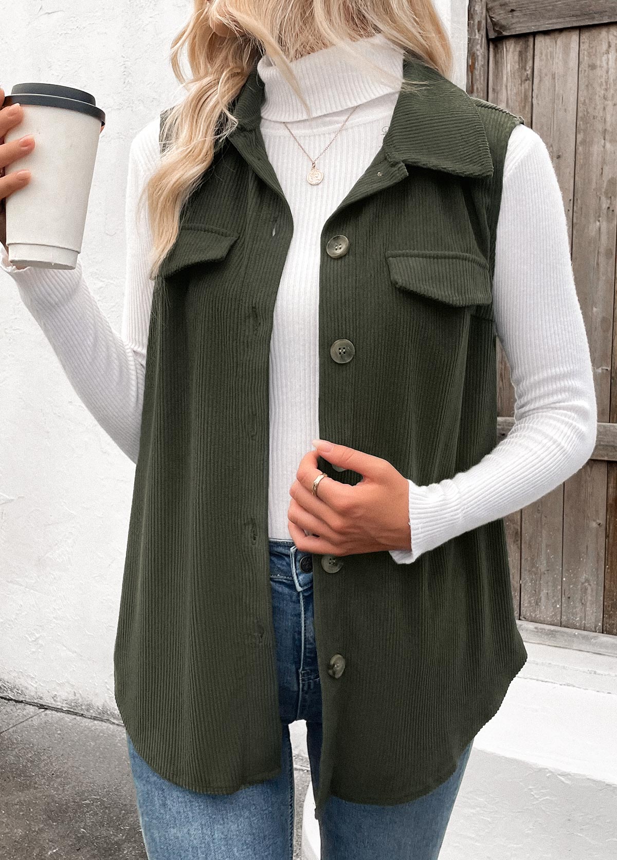 Plus Size Olive Green Patchwork Sleeveless Corduroy Waistcoat | picture 