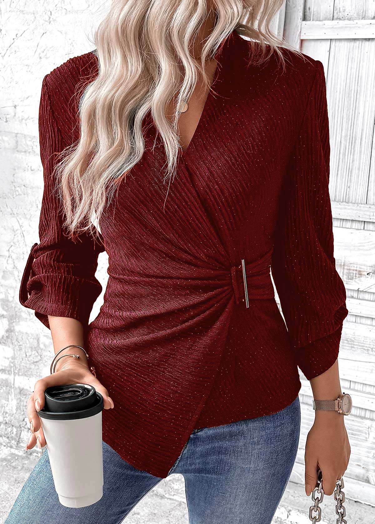 Wine Red Surplice Long Sleeve V Neck Shirt | picture 