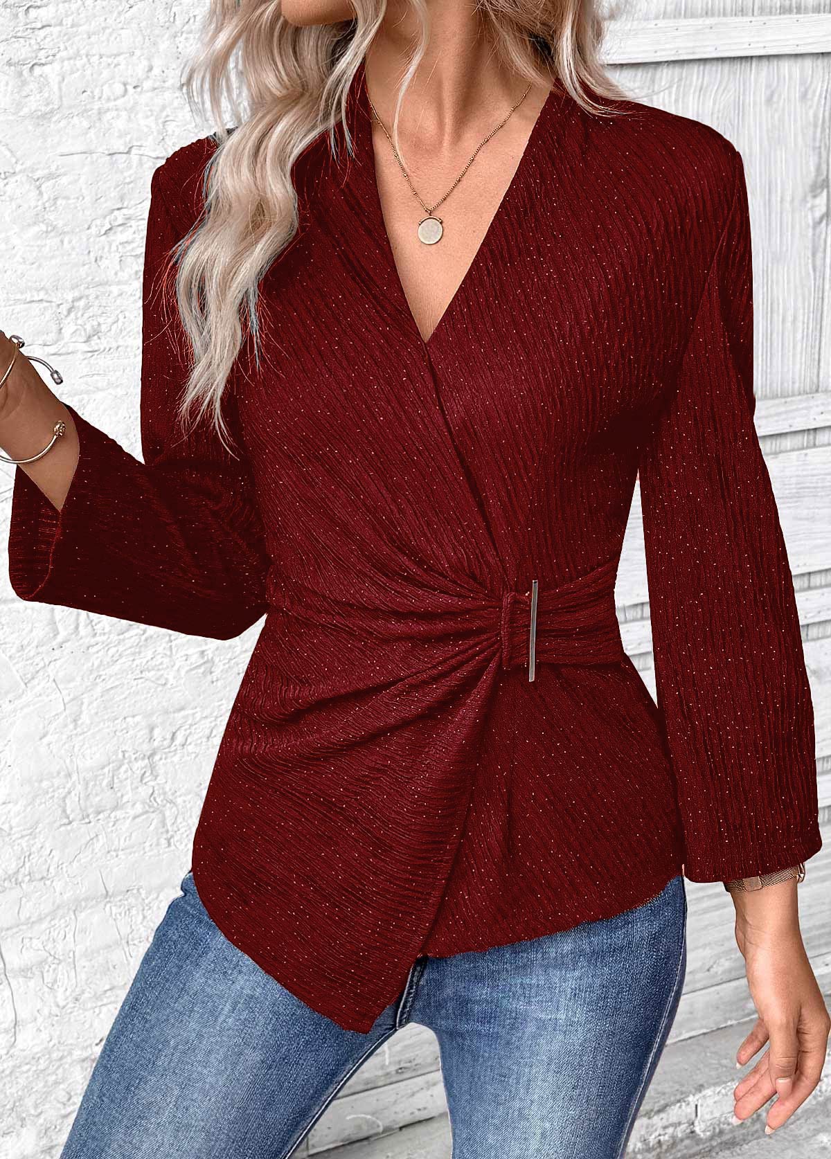 Wine Red Surplice Long Sleeve V Neck Shirt | picture 