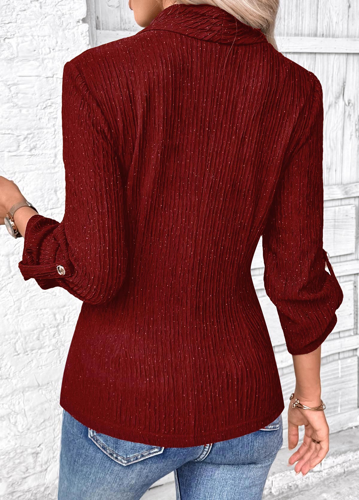 Wine Red Surplice Long Sleeve V Neck Shirt | picture 