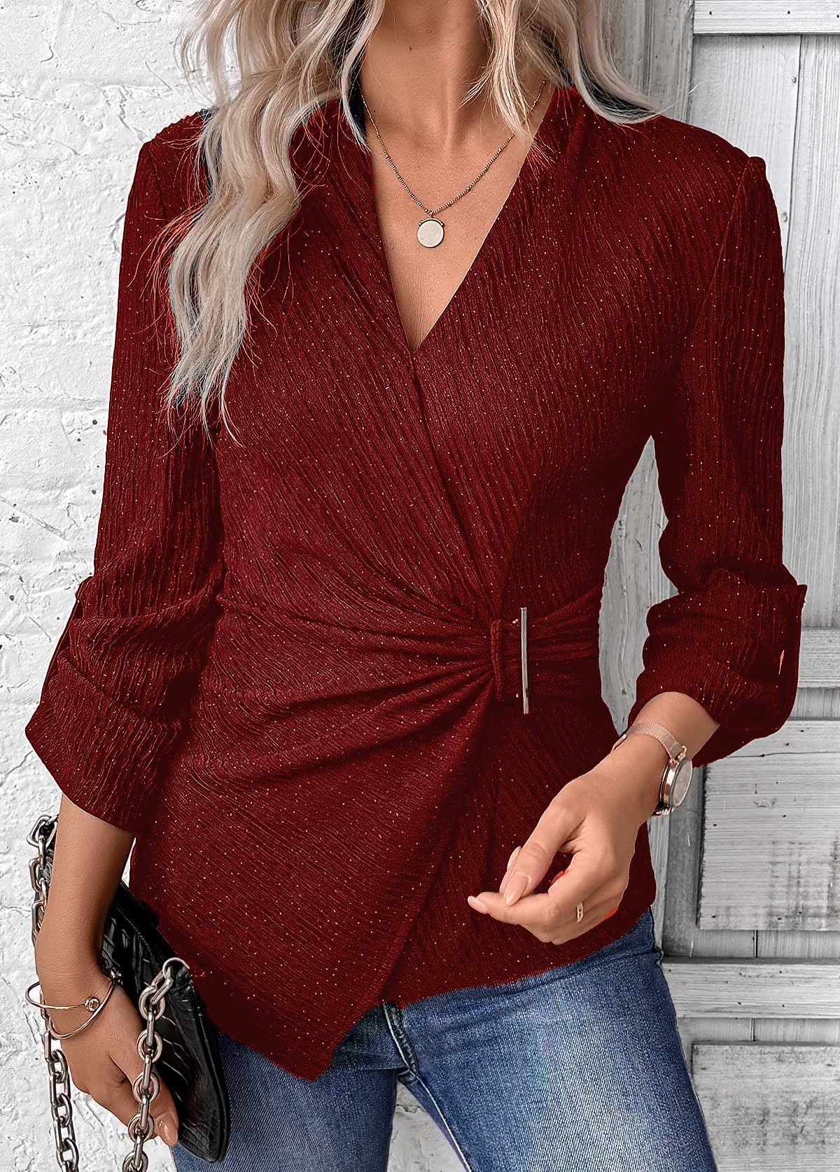 Wine Red Surplice Long Sleeve V Neck Shirt | picture 