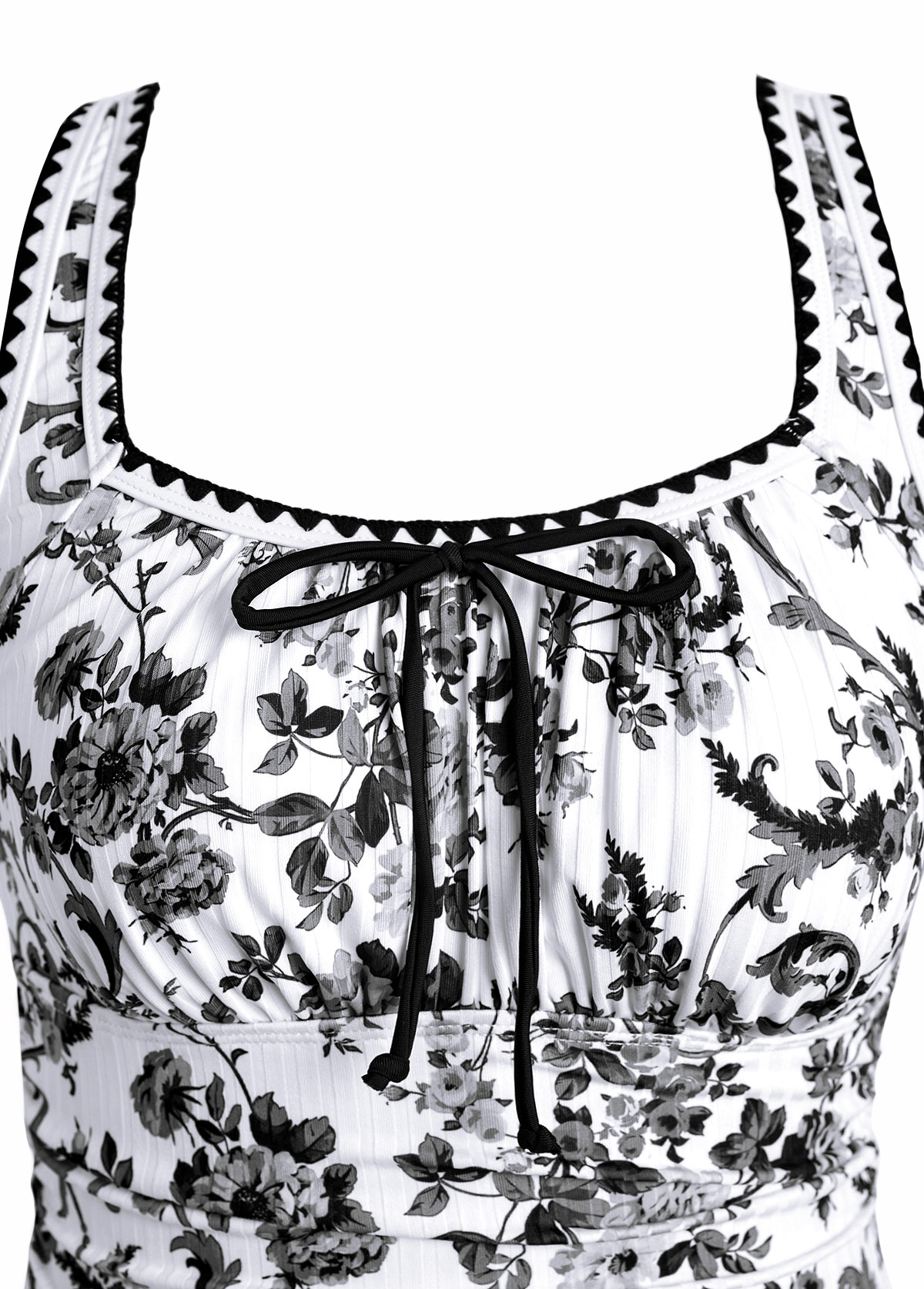 Drawstring Random Floral Print Black One Piece Swimwear | picture 