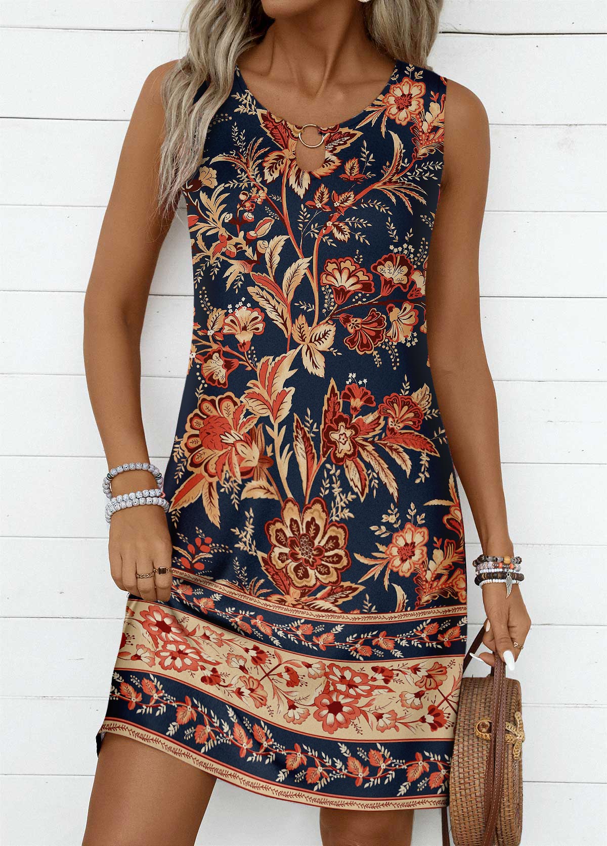 Modlily Dark Blue Circular Ring Floral Print Sleeveless Dress - XXL