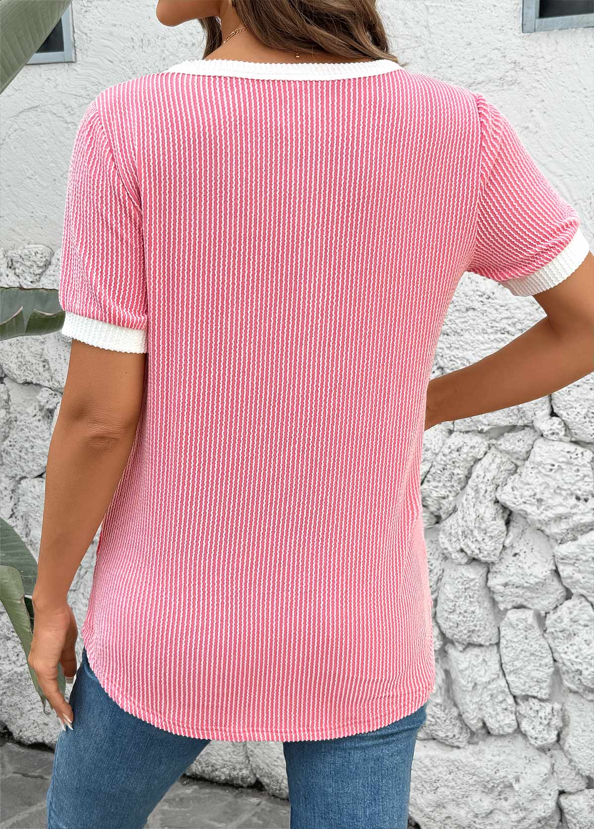 Pink Short Sleeve Split Neck T Shirt | picture 