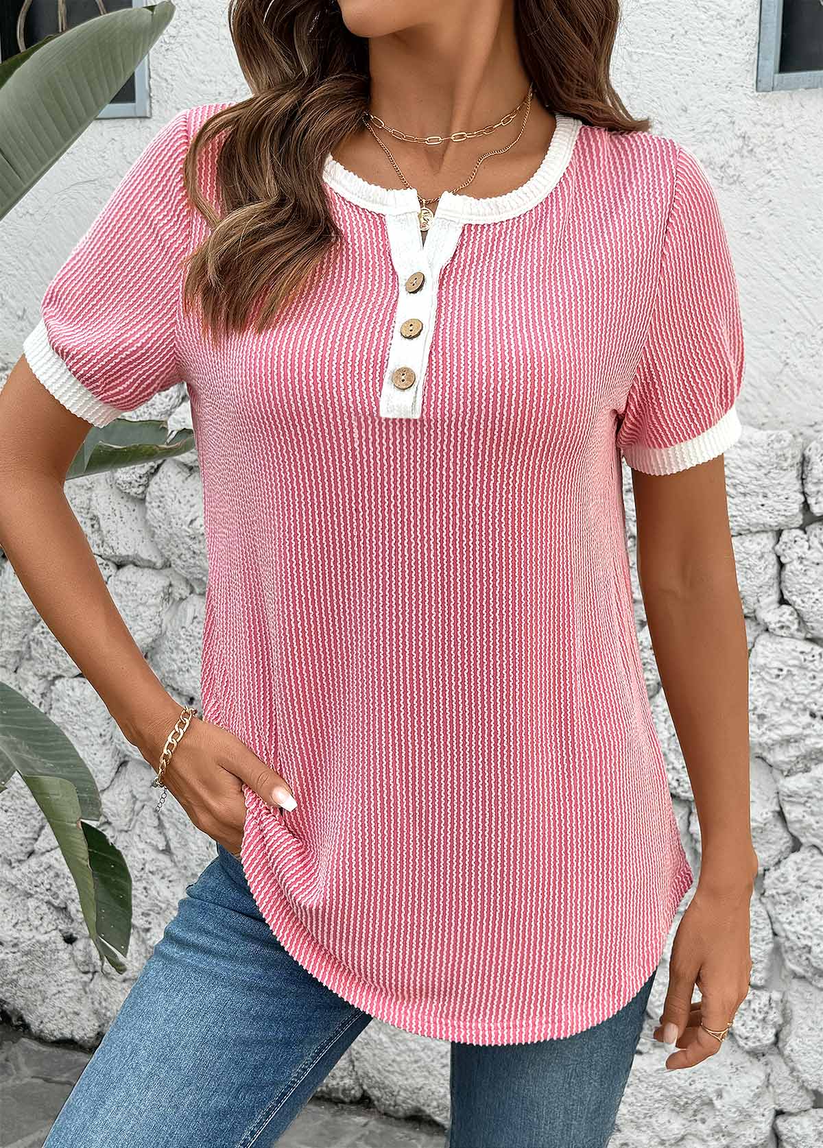 Pink Short Sleeve Split Neck T Shirt | picture 