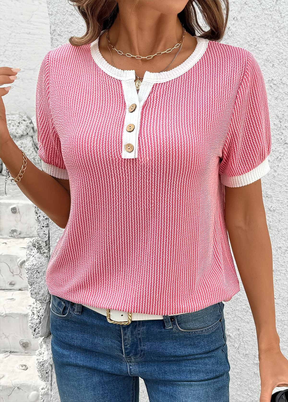 Pink Short Sleeve Split Neck T Shirt | picture 