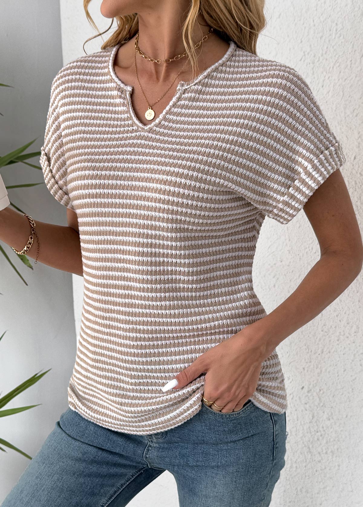 Beige Tummy Coverage Short Sleeve Split Neck T Shirt | picture 