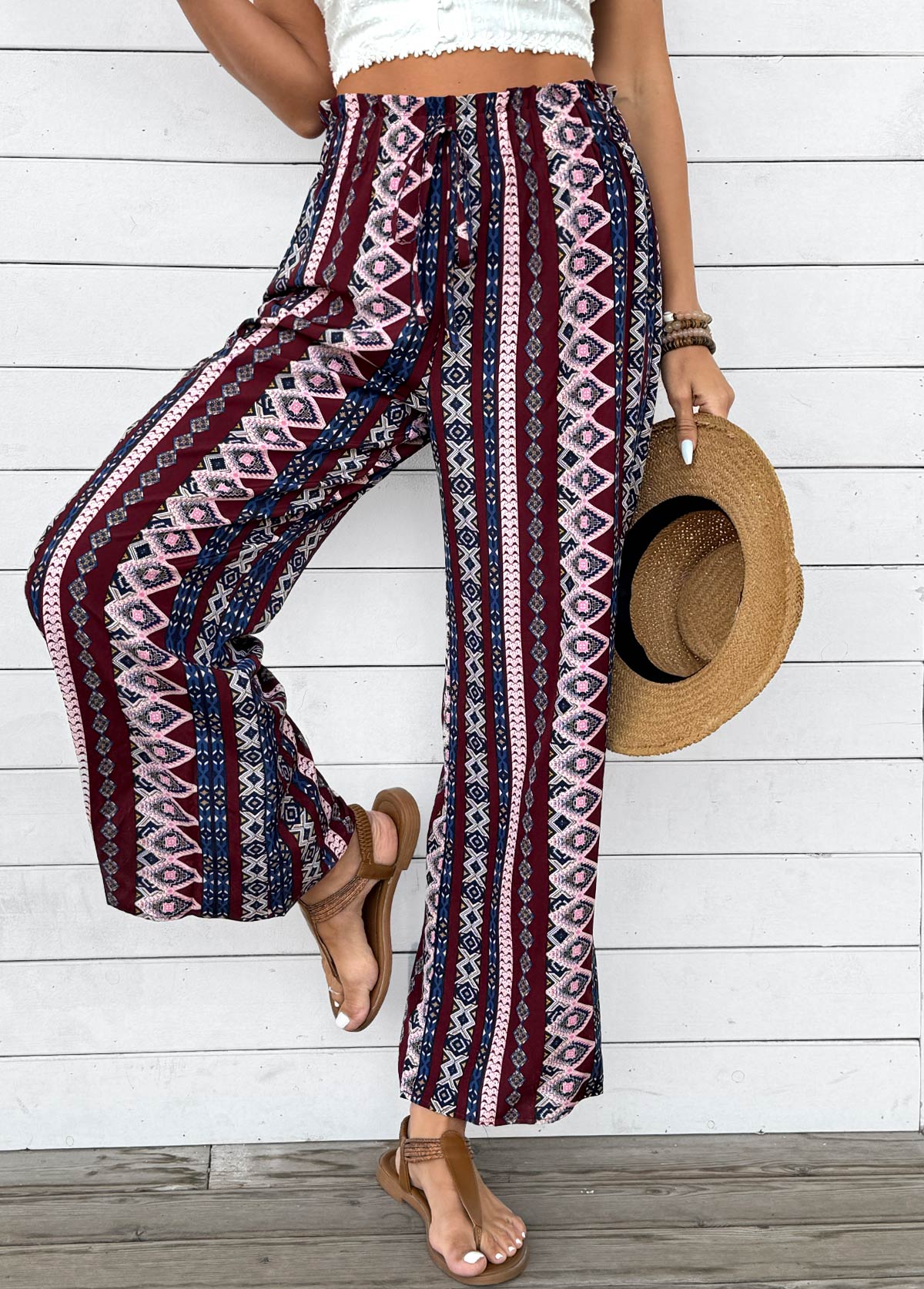 Dark Coffee Geometric Print Wide Leg Elastic Waist Pants | picture 